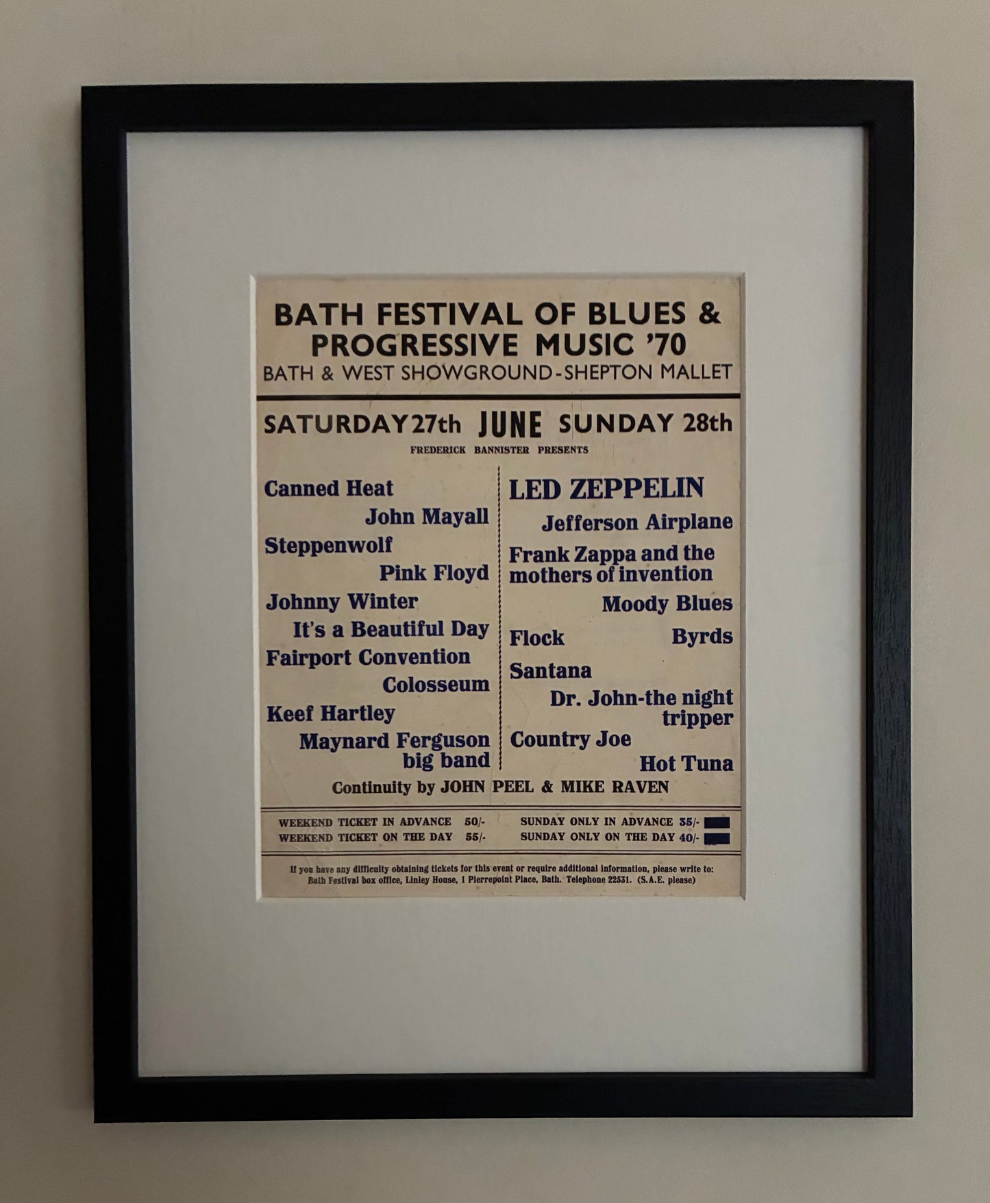 LED ZEPPELIN / PINK FLOYD /SANTANA -1970 Bath Festival of Blues and Progressive rock hand flyer framed giclee print