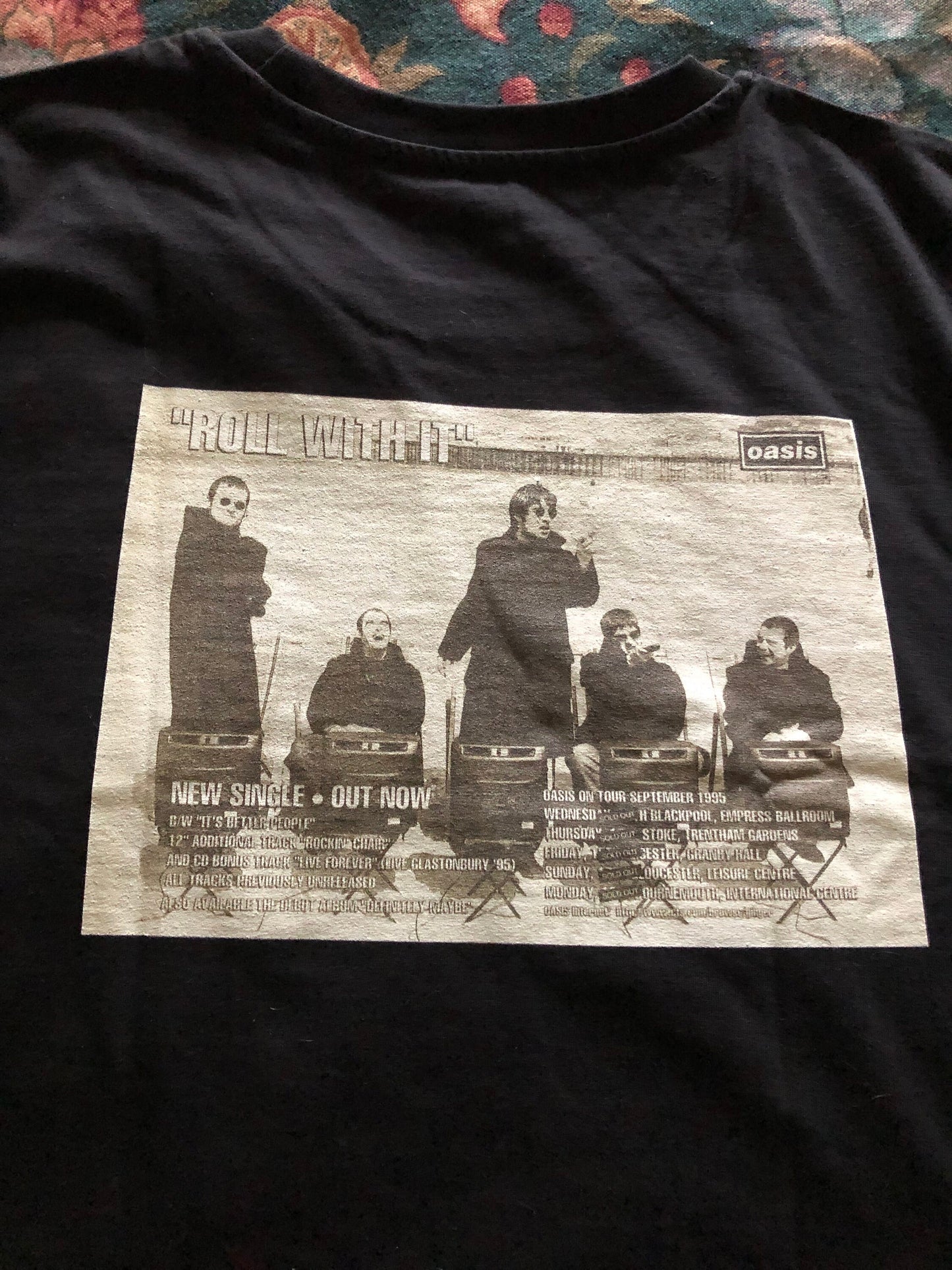 OASIS - 1995 “ Roll with it tour “ T Shirt . Featuring the tour advert and corresponding ticket.