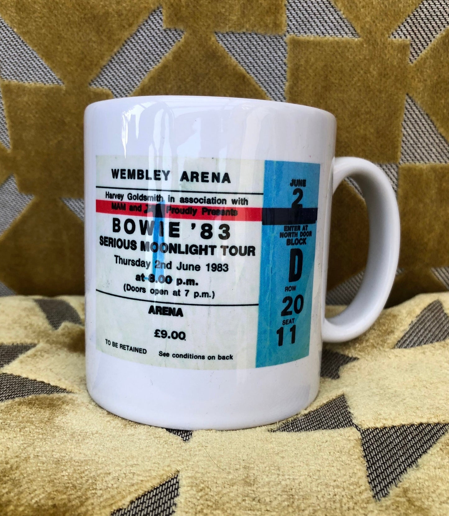 DAVID BOWIE - 11oz ceramic mug featuring the 1983 Wembley Arena , London ticket on both sides