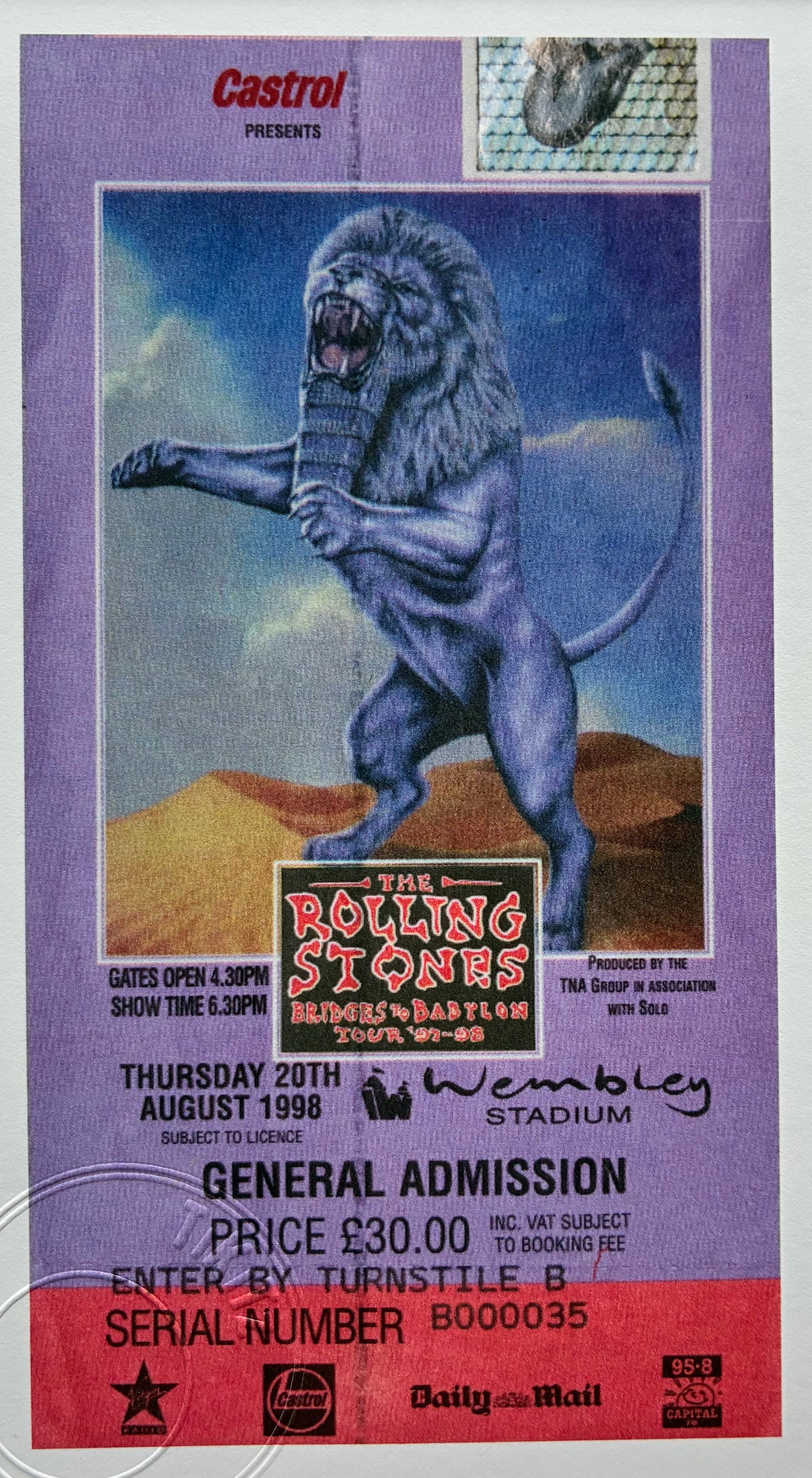 ROLLING STONES - 1998 A Wembley Stadium , London framed ticket giclee print