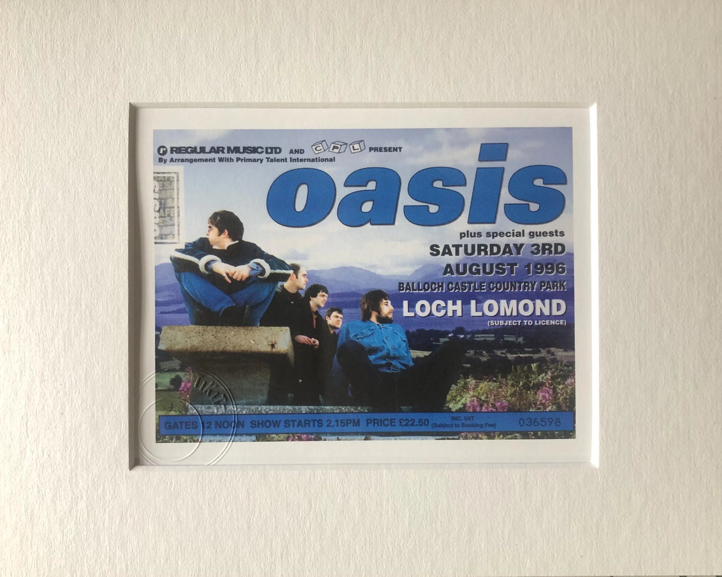 OASIS - 3/8/1996 Loch Lomond, Balloch Castle Country Park framed ticket giclee print