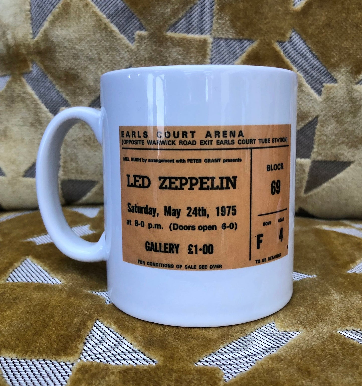 LED ZEPPELIN - 11oz ceramic mug featuring the 1975 Earls Court Arena , London ticket on both sides
