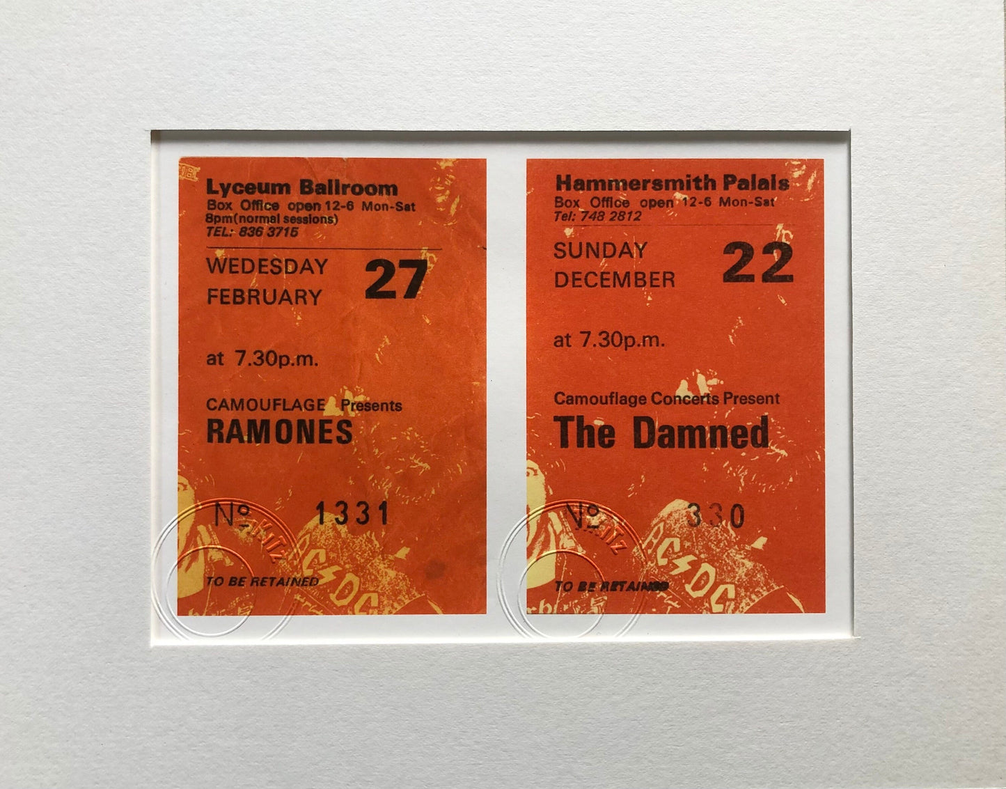 THE RAMONES / THE DAMNED - 1985 London shows framed ticket giclee print