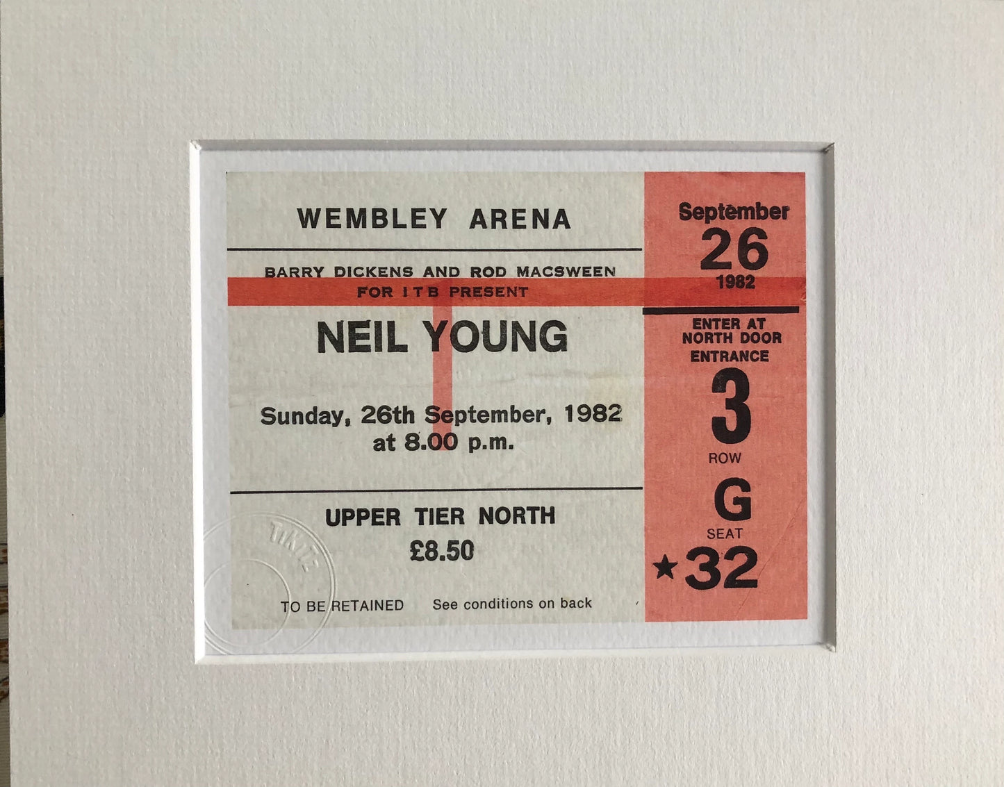 NEIL YOUNG - 1982 Wembley Arena , London framed ticket giclee print
