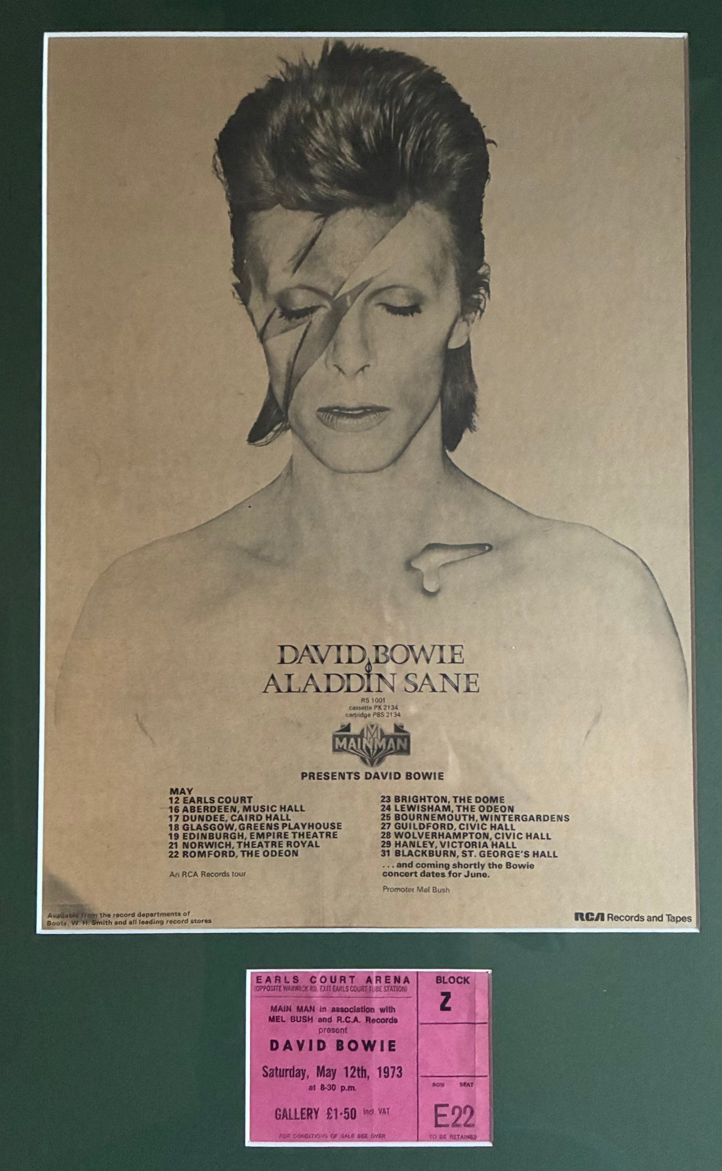 DAVID BOWIE - 1973 “ Aladdin Sane tour “ concert advert and original ticket for the Earls Court, London concert on 12/5/1973 . Framed