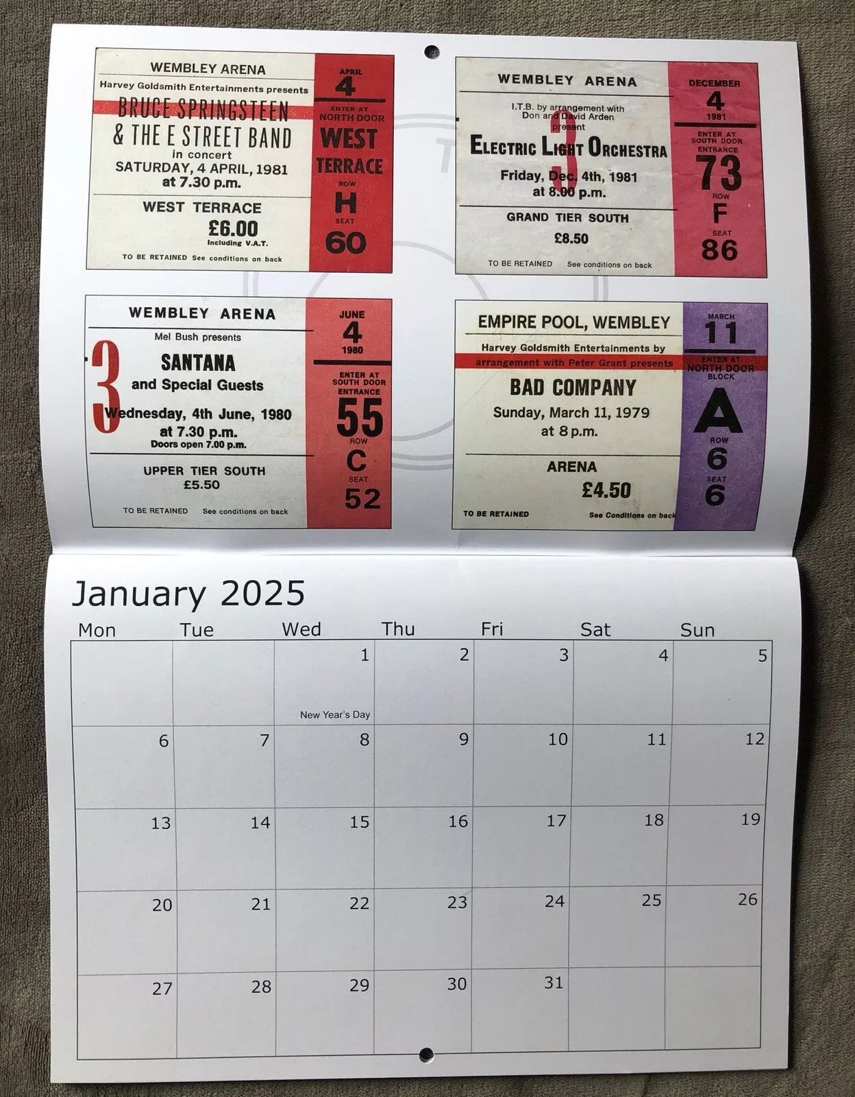 2025 CALENDAR- Comprising of 52 Wembley and other venue concert tickets- LAST ONE!