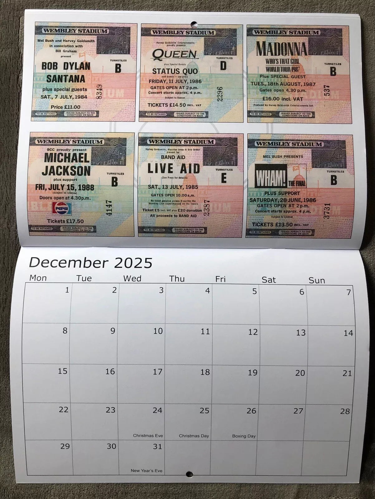 2025 CALENDAR- Comprising of 52 Wembley and other venue concert tickets- LAST ONE!