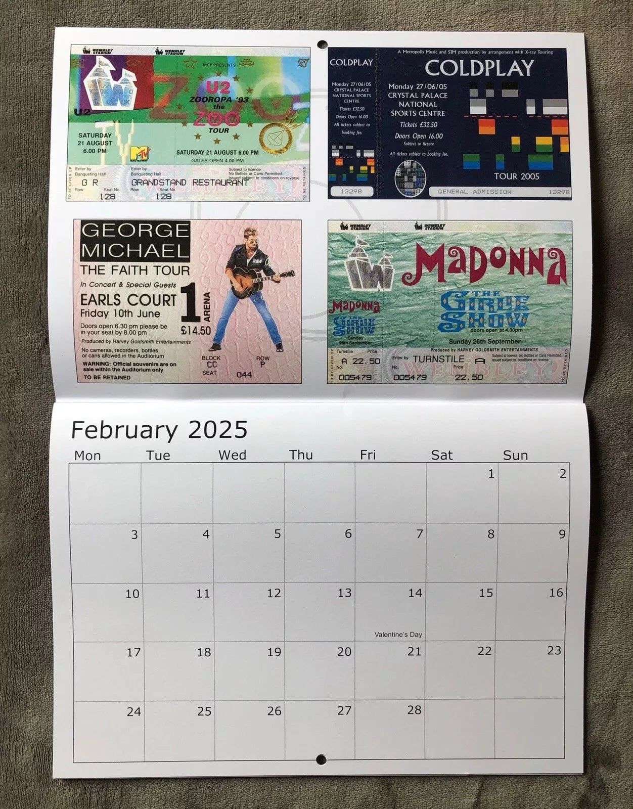 2025 CALENDAR- Comprising of 52 Wembley and other venue concert tickets- LAST ONE!