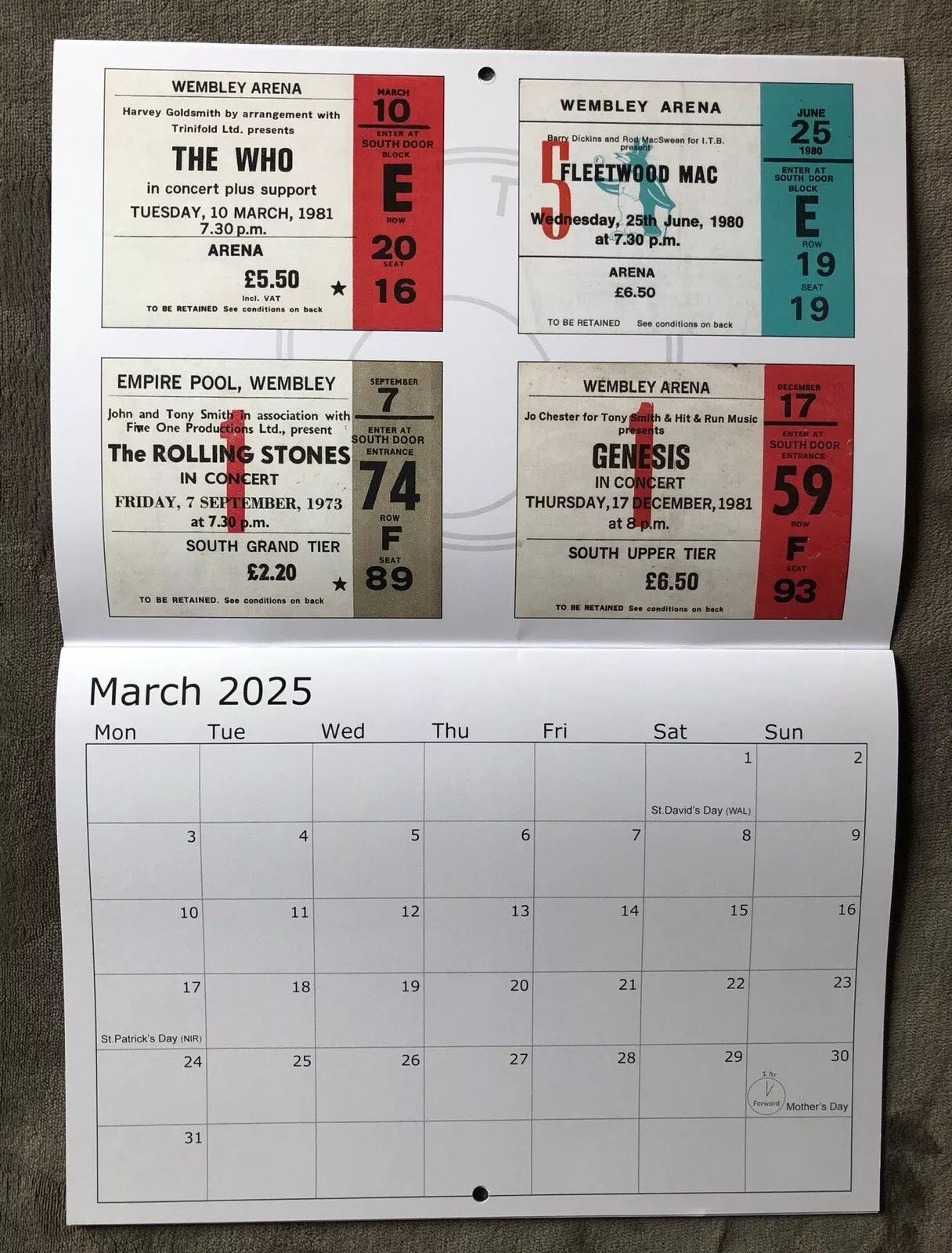 2025 CALENDAR- Comprising of 52 Wembley and other venue concert tickets- LAST ONE!