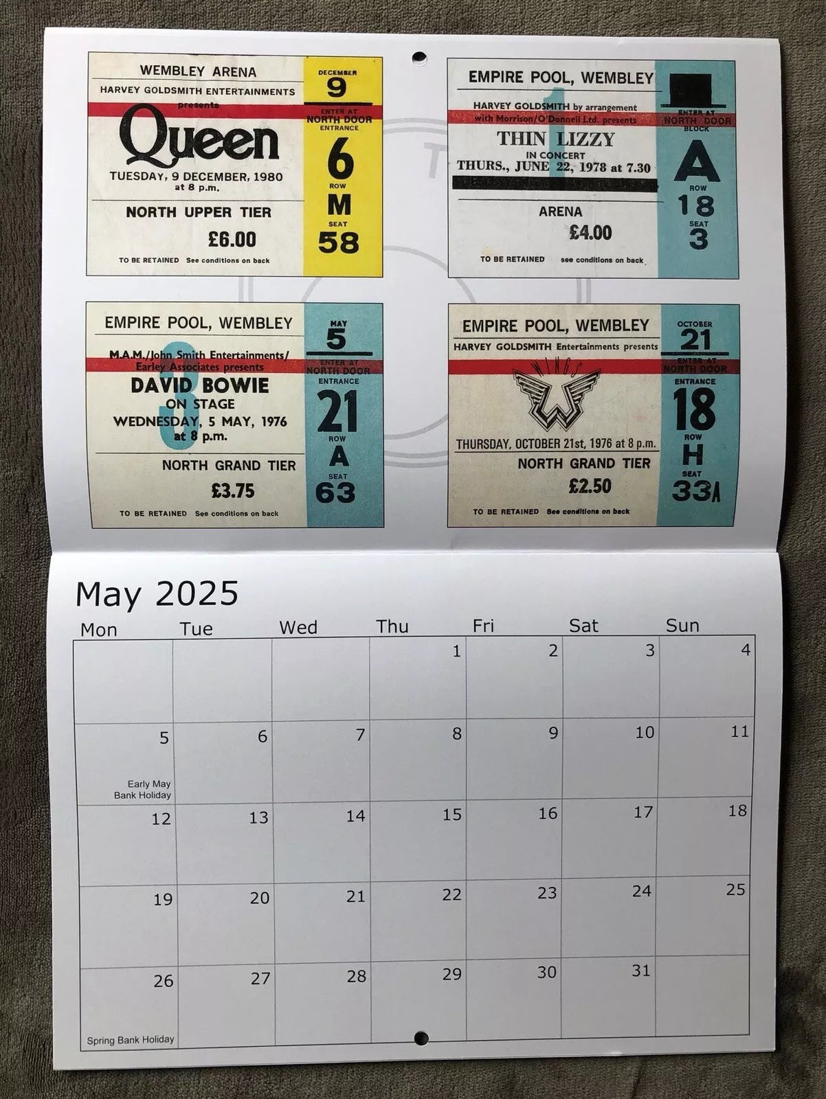 2025 CALENDAR- Comprising of 52 Wembley and other venue concert tickets- LAST ONE!