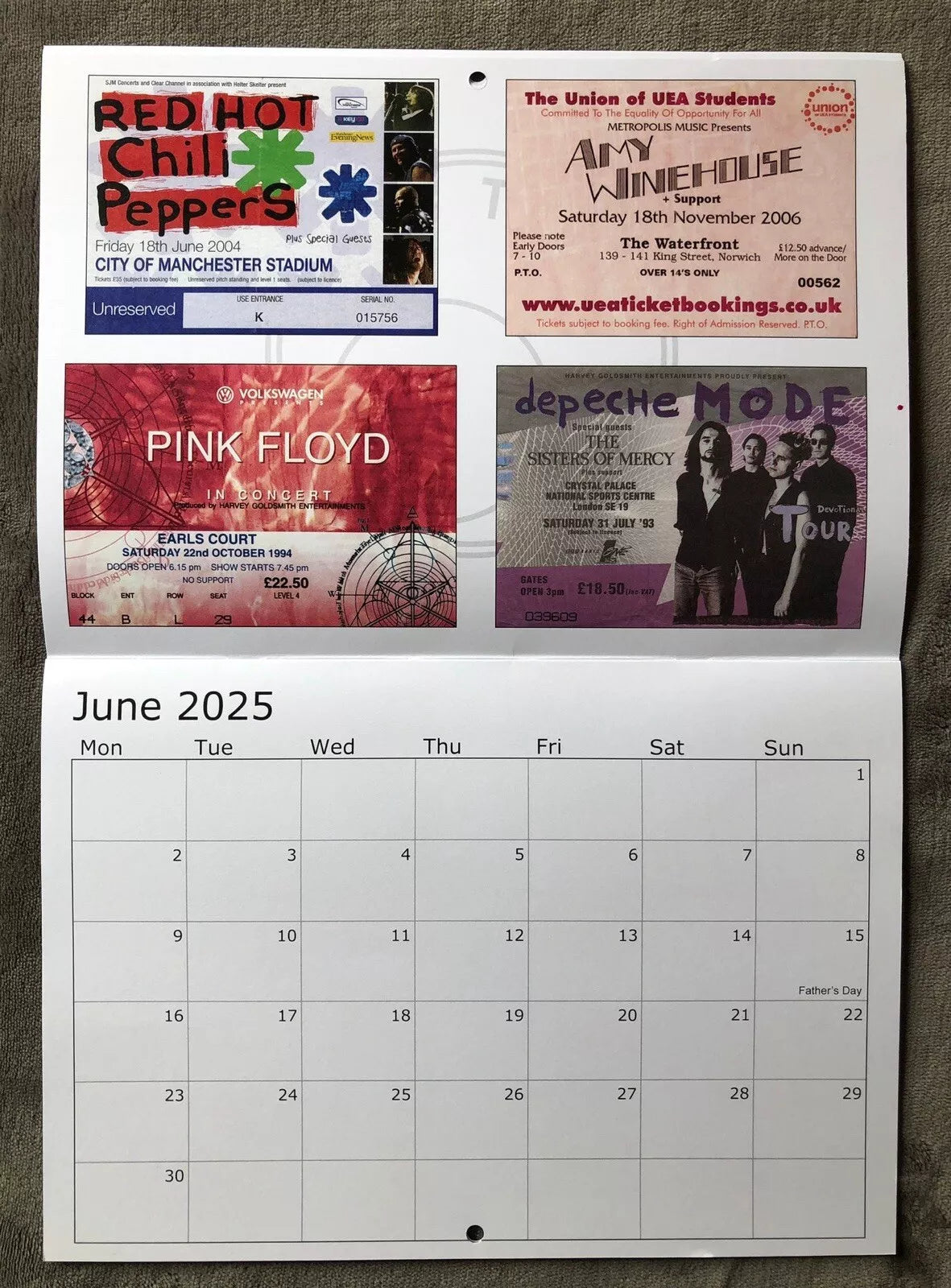 2025 CALENDAR- Comprising of 52 Wembley and other venue concert tickets- LAST ONE!