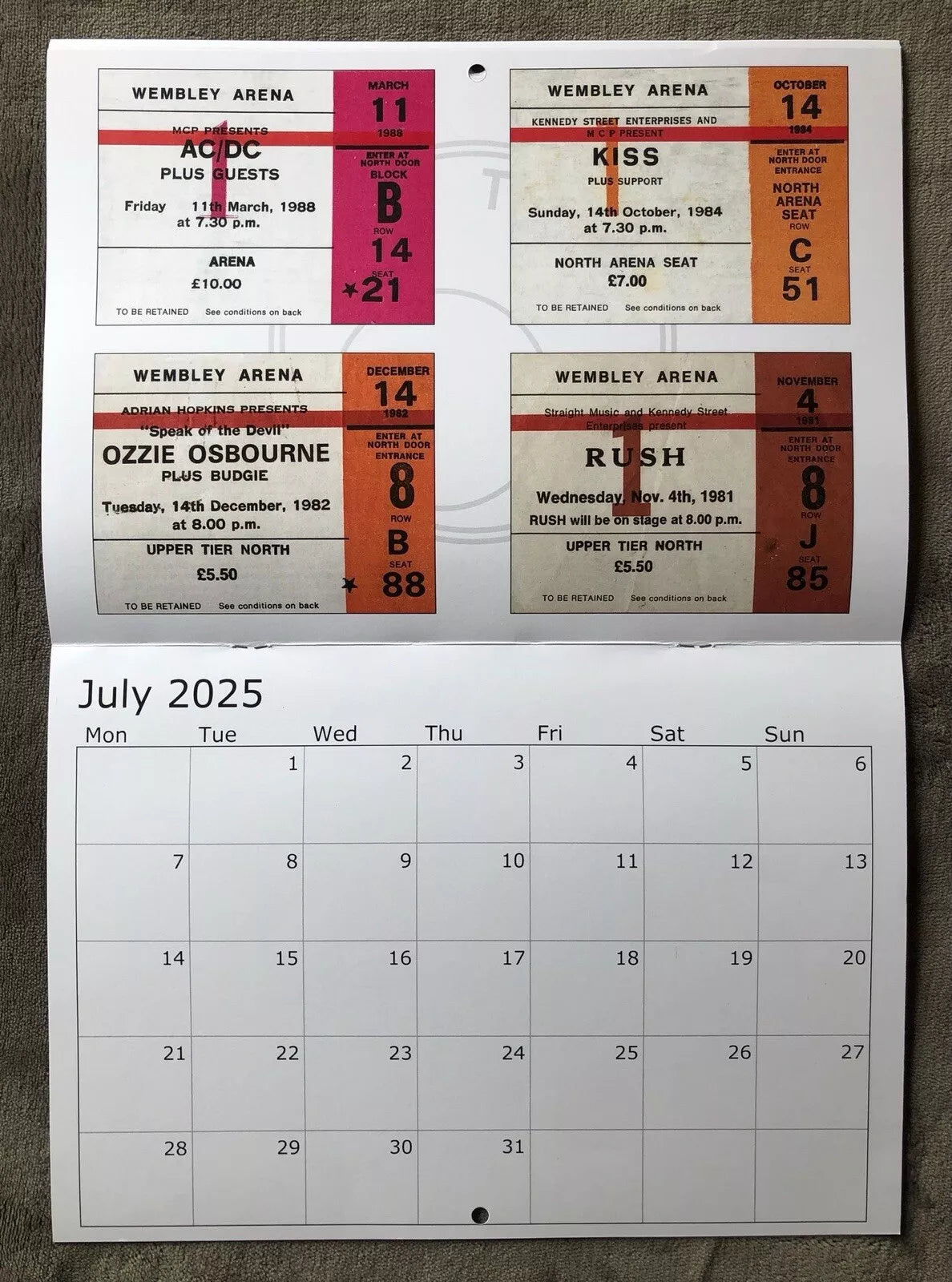 2025 CALENDAR- Comprising of 52 Wembley and other venue concert tickets- LAST ONE!