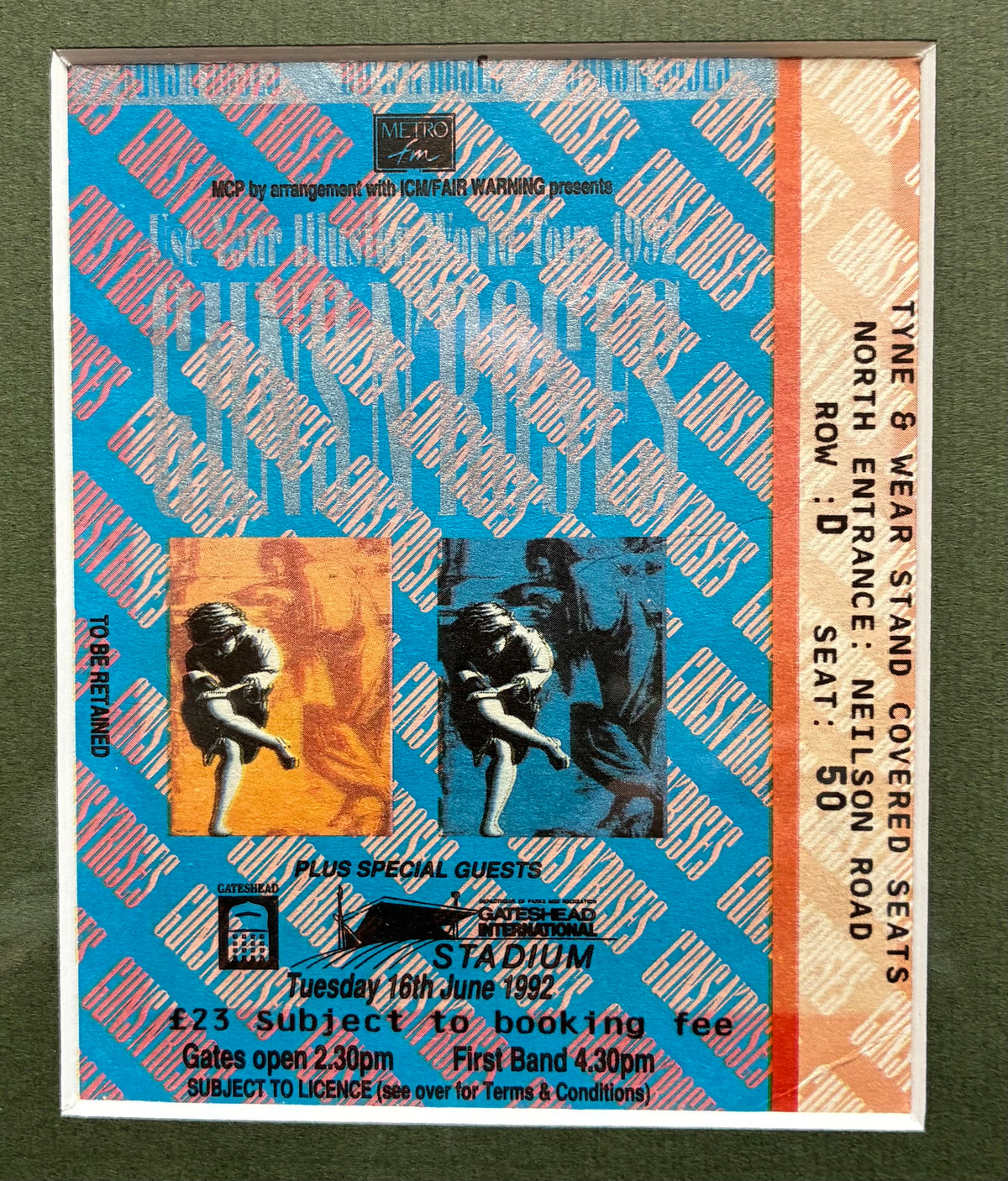 GUNS N ROSES- 1992 “ Use your Illusion “ concert advert and original ticket for the Gateshead concert on 16/6/1992. Framed