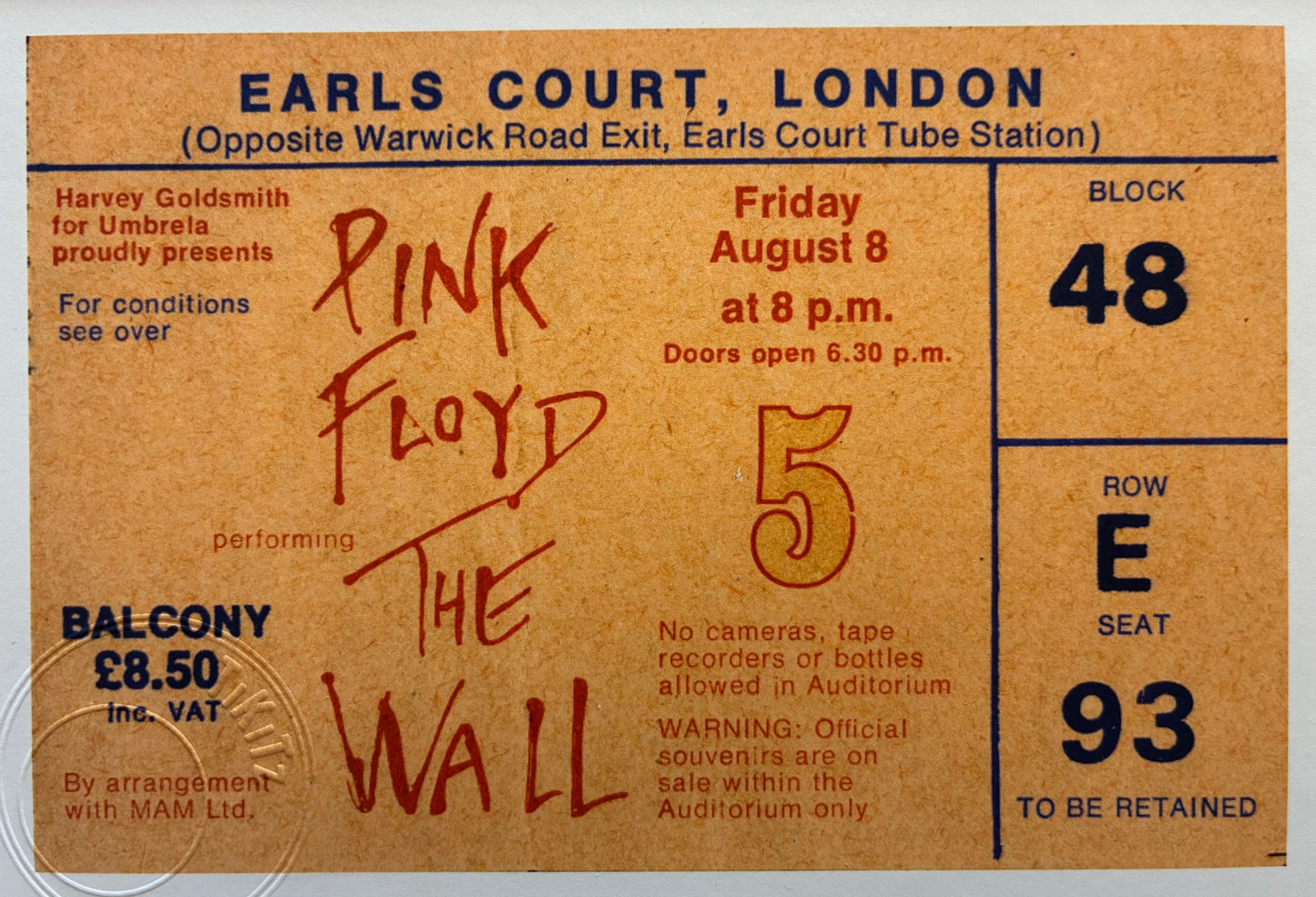 PINK FLOYD  - 1980 “ The Wall “ Earls Court , London framed ticket giclee print