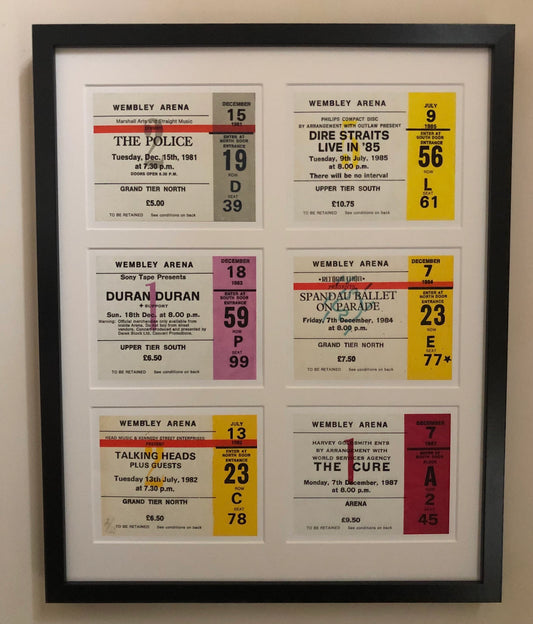 THE EIGHTIES- A framed limited edition giclee print comprising of 6 Individual Wembley concert tickets from the1980s