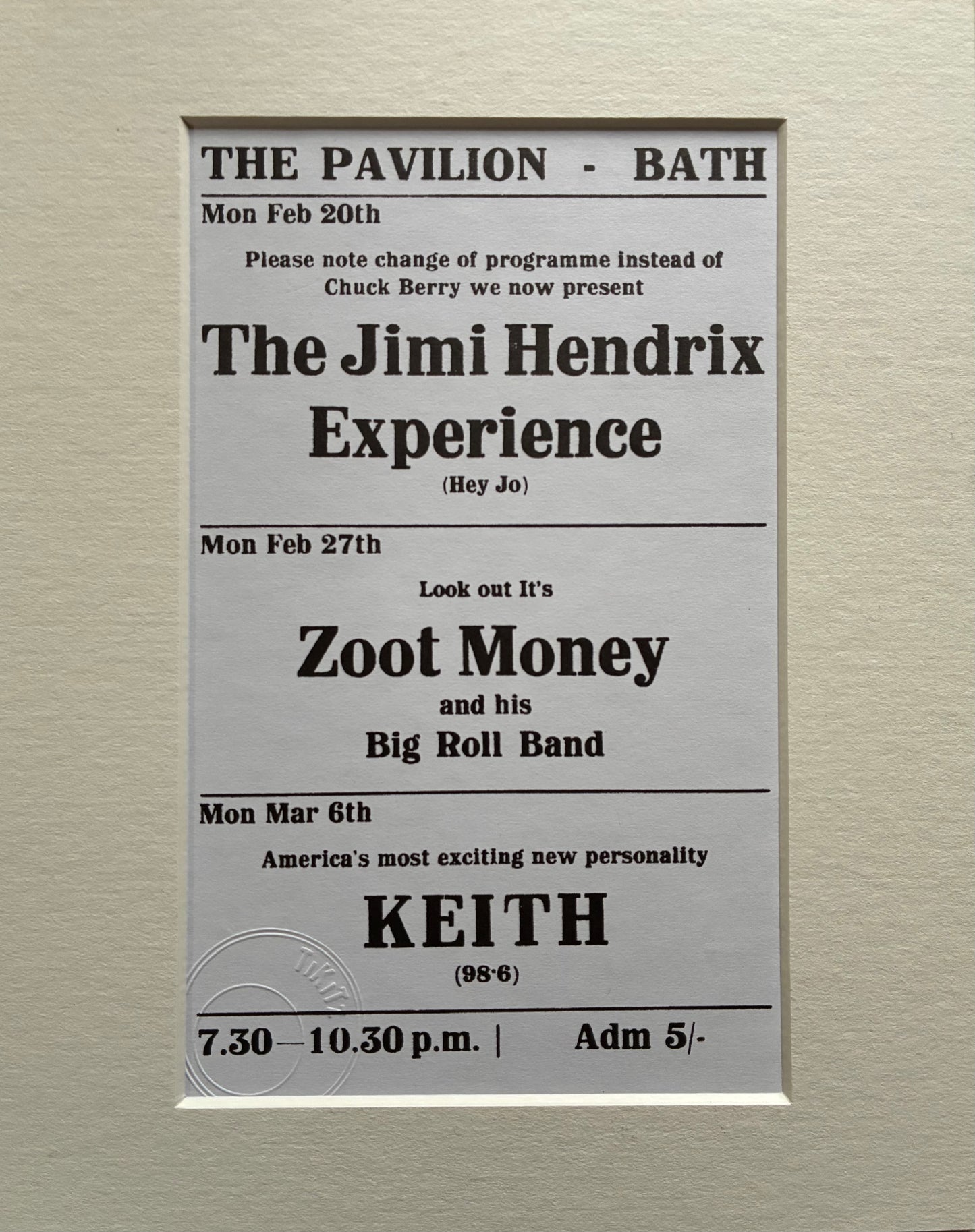 THE JIMI HENDRIX EXPERIENCE- 20/2/1967- The Pavilion, Bath, hand flyer reprint