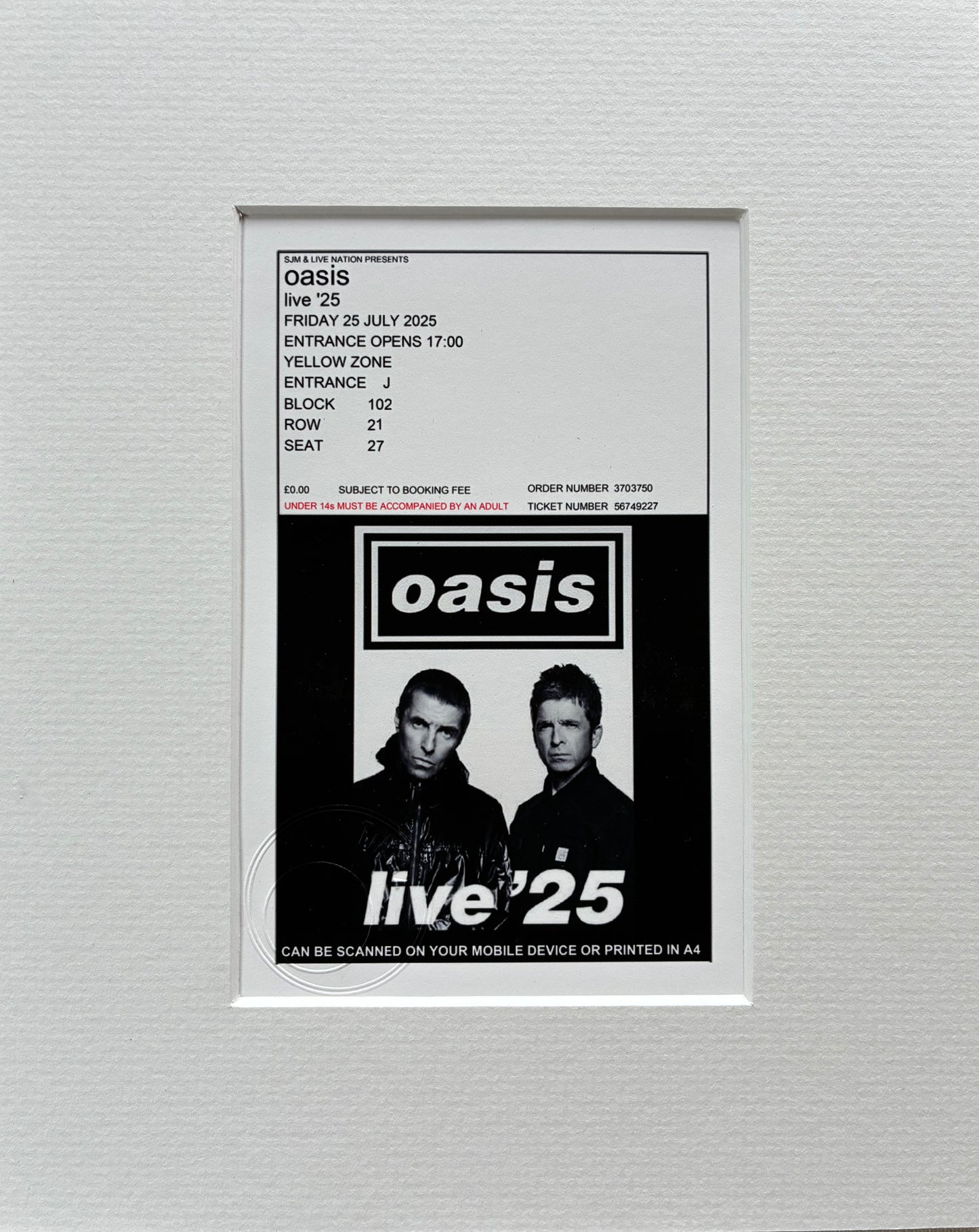 OASIS - 25/7/2025 Wembley Stadium, London framed ticket giclee print