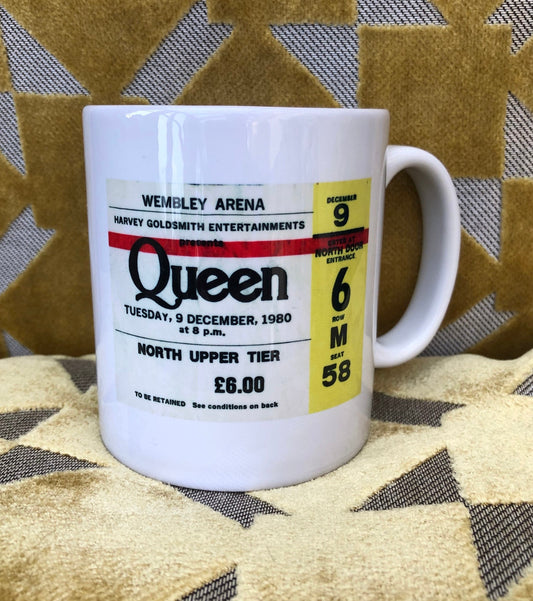 QUEEN  - 11oz ceramic mug featuring the 1980 Wembley Arena , London ticket on both sides