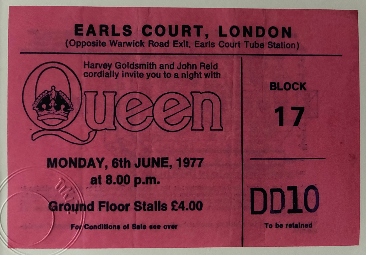 QUEEN - 1977 Earls Court ( 1st night of a 2 night residency )London framed ticket giclee print