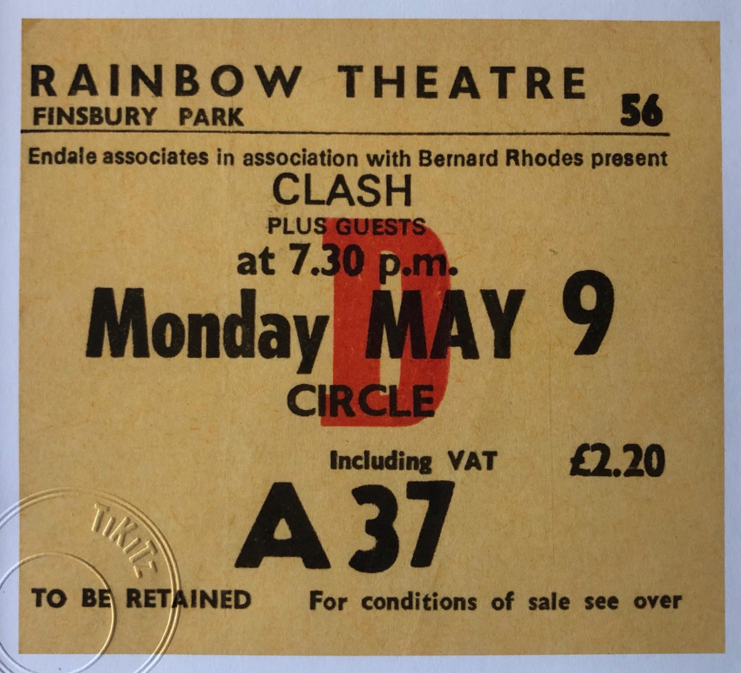 THE CLASH - 1977 Rainbow Theatre, Finsbury Park, London framed ticket giclee print