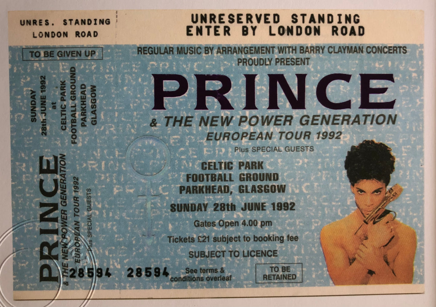 PRINCE - 1992 Celtic Park , Parkhead, Glasgow framed ticket giclee print