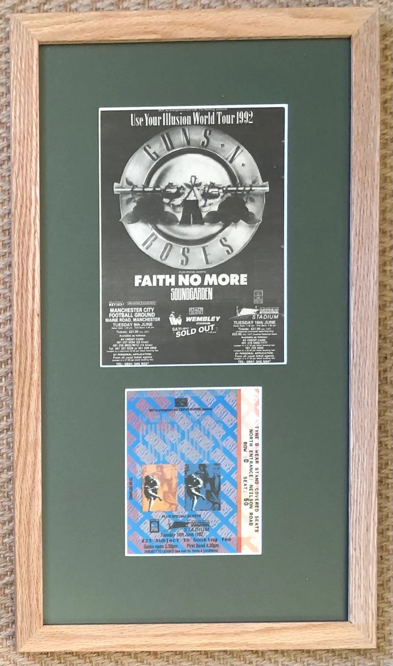 GUNS N ROSES- 1992 “ Use your Illusion “ concert advert and original ticket for the Gateshead concert on 16/6/1992. Framed