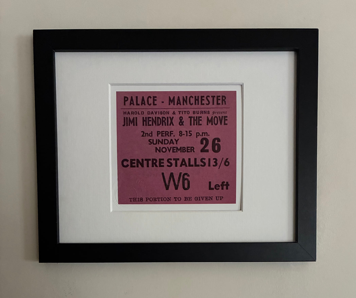 JIMI HENDRIX and the MOVE  - 1967 The Palace, Manchester framed ticket giclee print