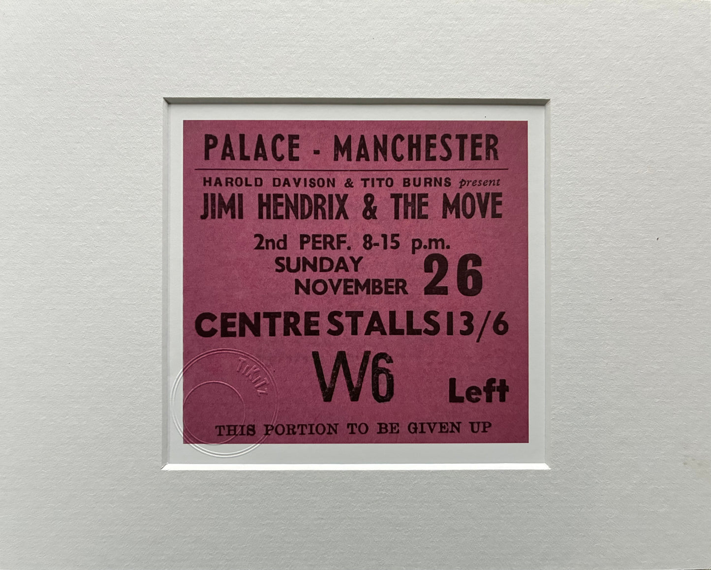 JIMI HENDRIX and the MOVE  - 1967 The Palace, Manchester framed ticket giclee print
