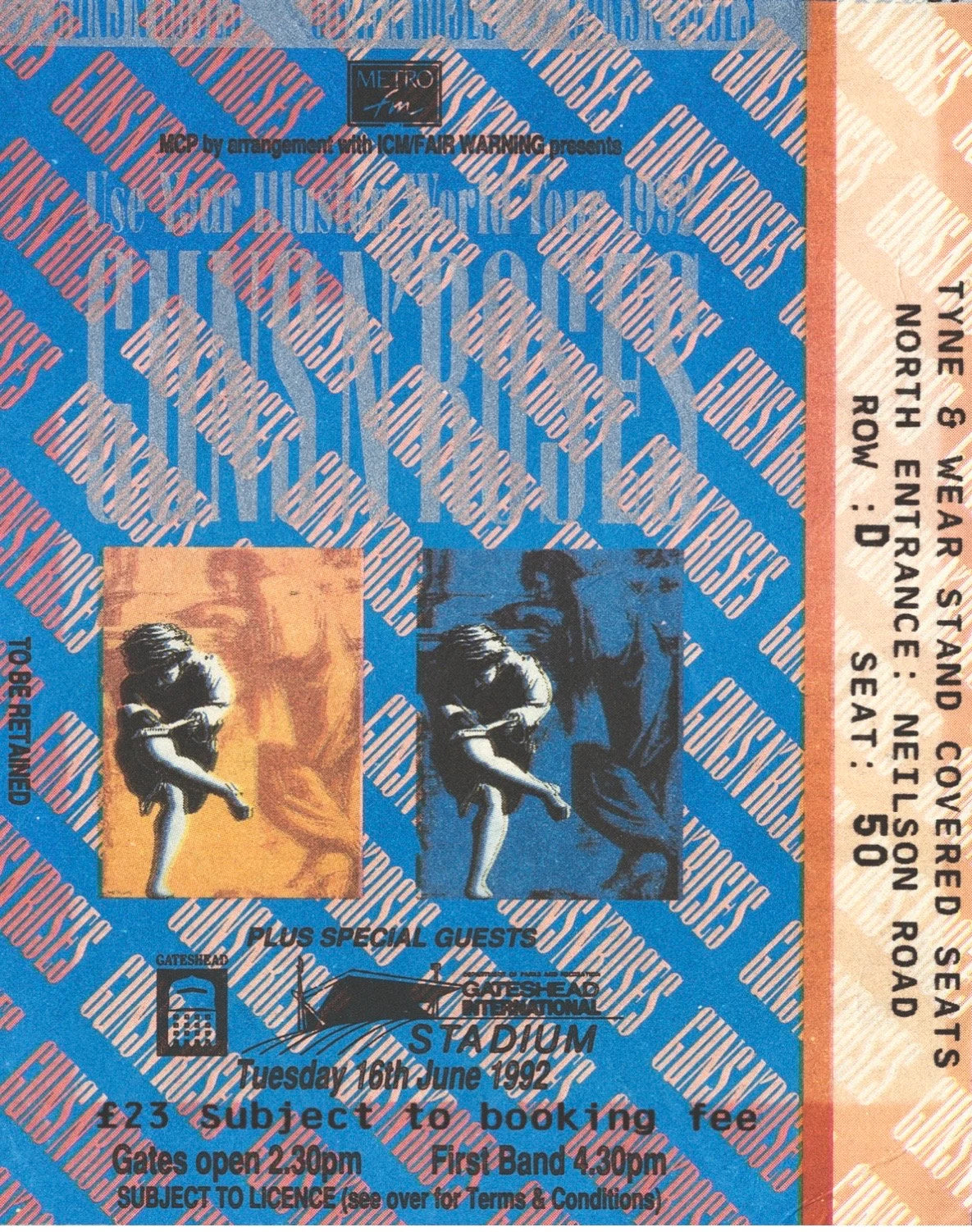 GUNS N ROSES- 1992 “ Use your Illusion “ concert advert and original ticket for the Gateshead concert on 16/6/1992. Framed