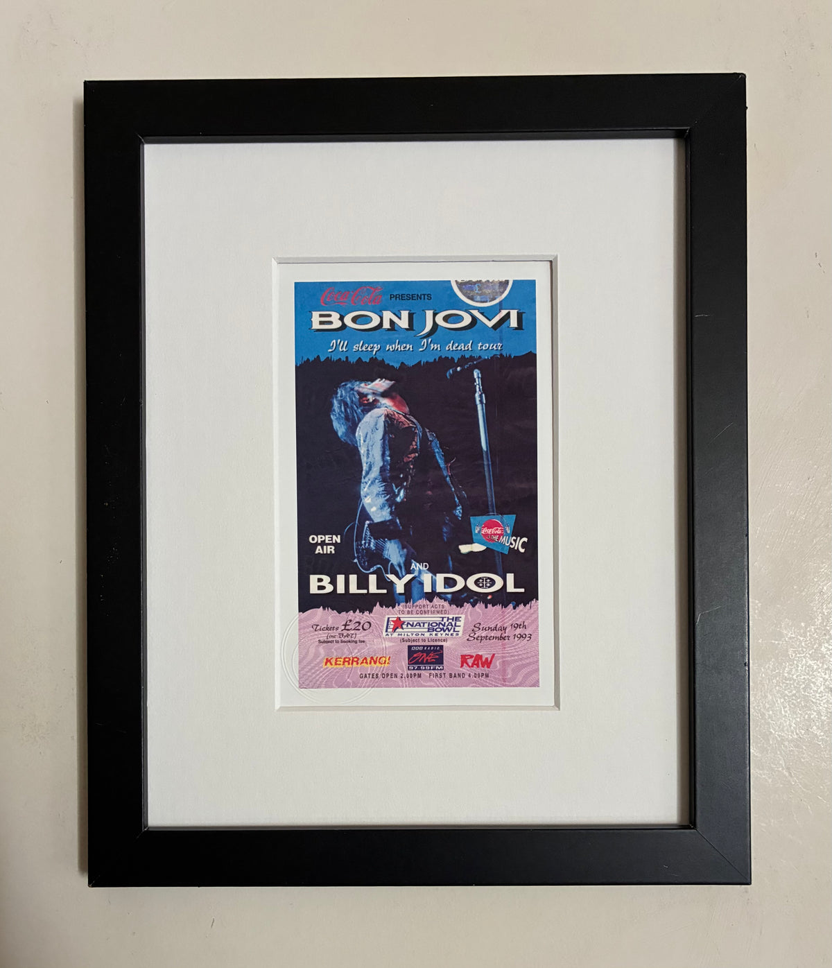 BON JOVI - 1993 National Bowl , Milton Keynes , London framed ticket giclee print