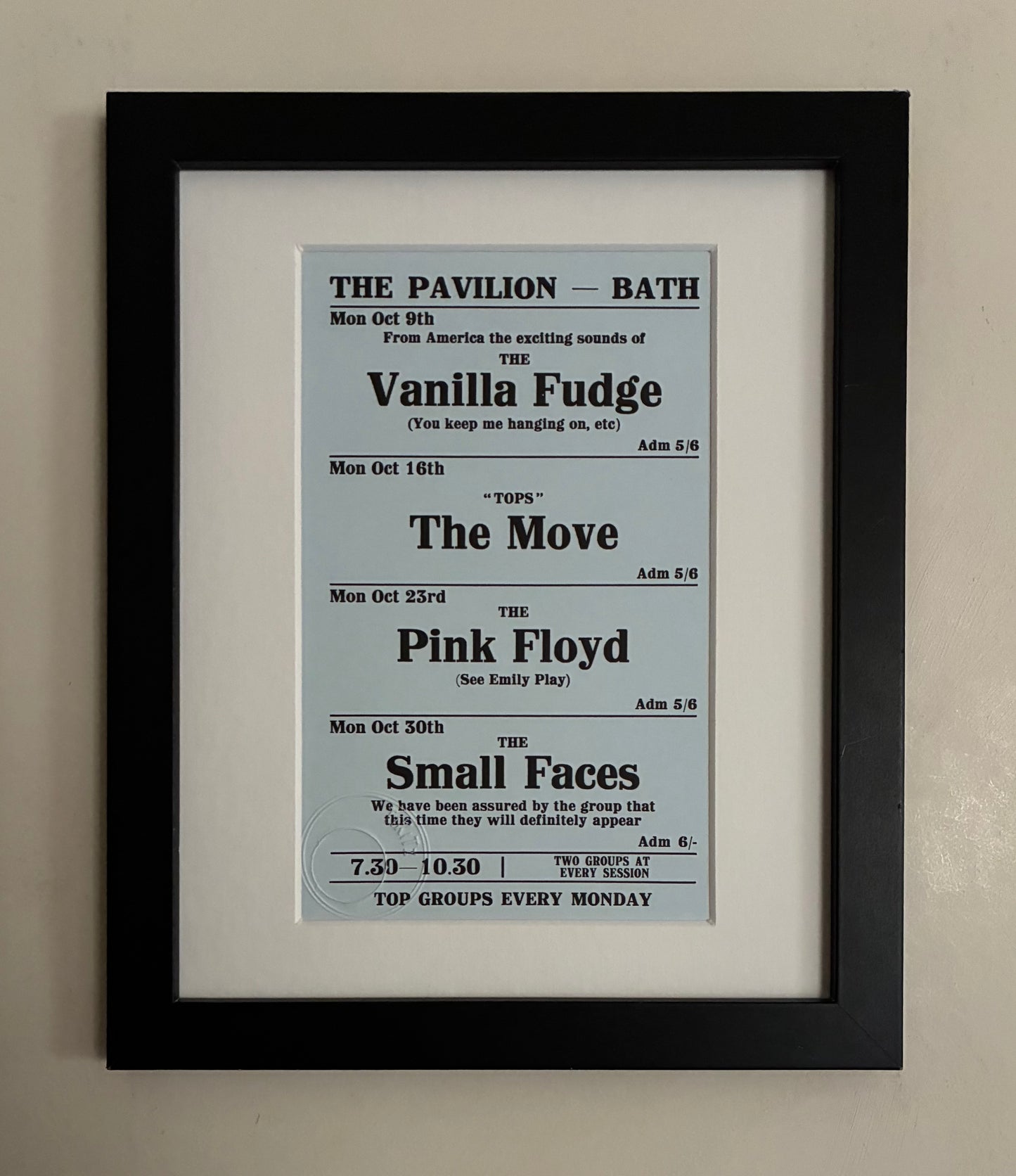 PINK FLOYD / THE MOVE / SMALL  FACES- October 1967 - The Pavilion, Bath, hand flyer reprint