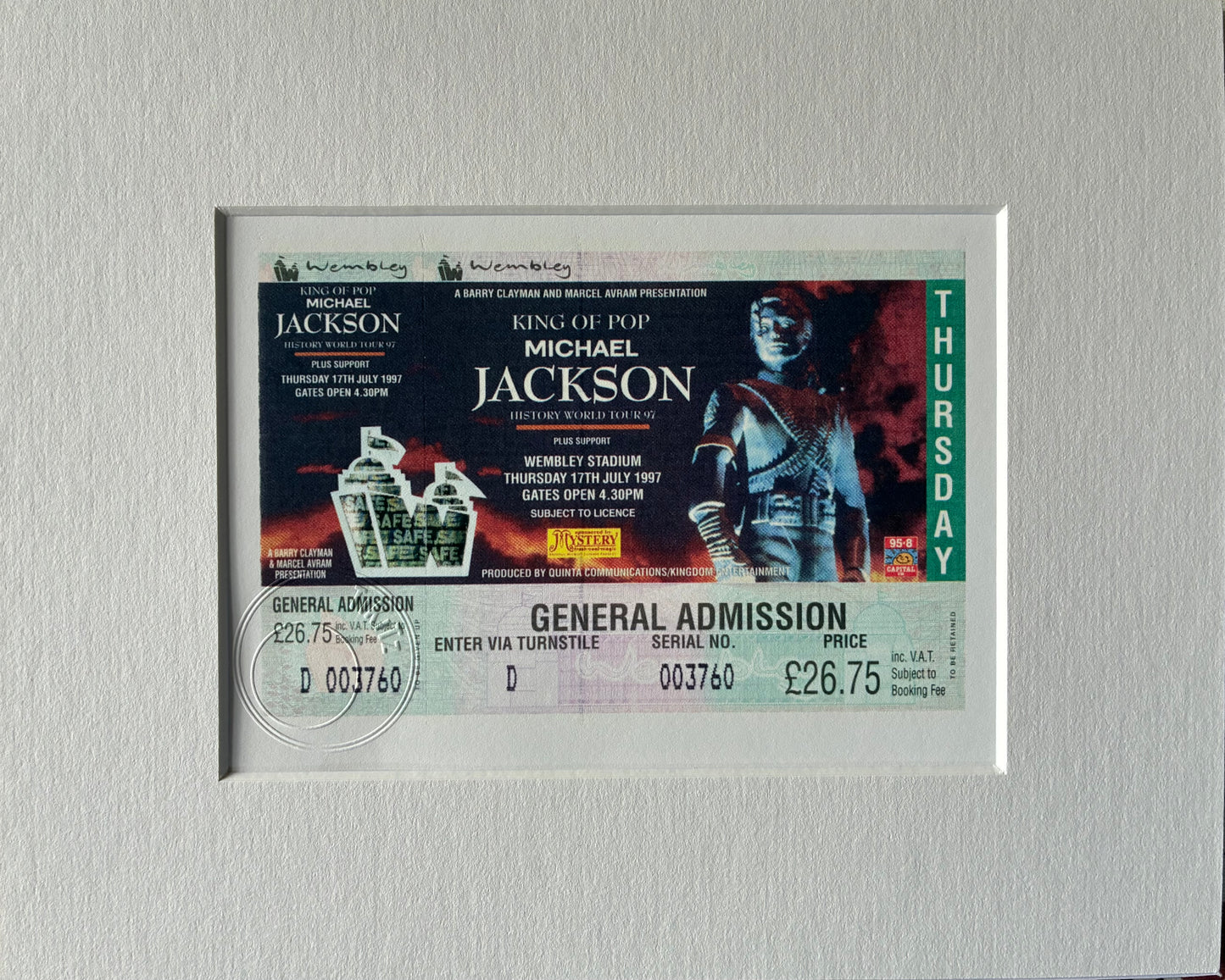 MICHAEL JACKSON- 1997 “ The HIStory World tour “Wembley Stadium , London framed ticket giclee print