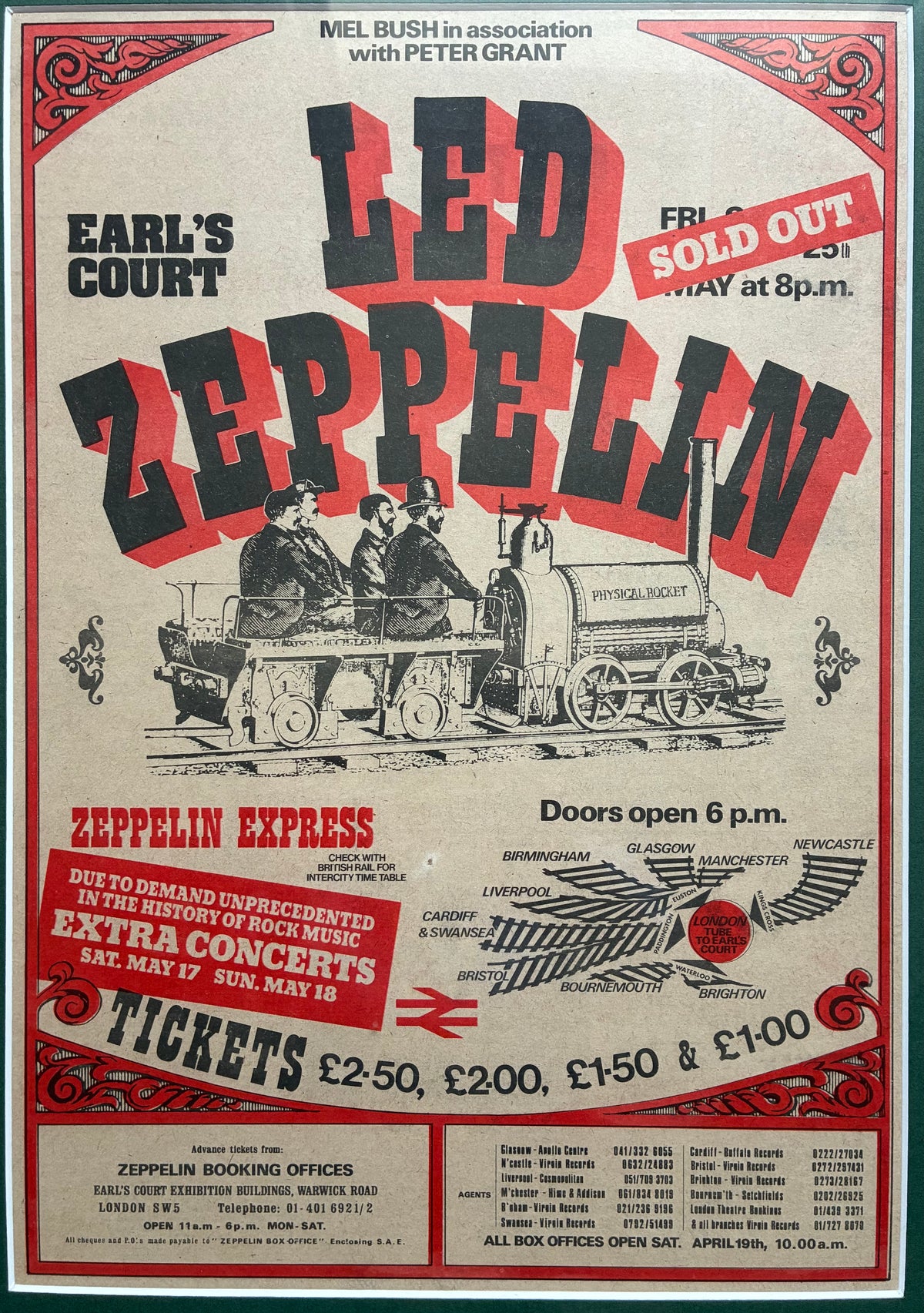LED ZEPPELIN- 1975 “ Five Glorious Nights” concert advert and original ticket for the Earls Court, London concert on 17/5/1975 . Framed