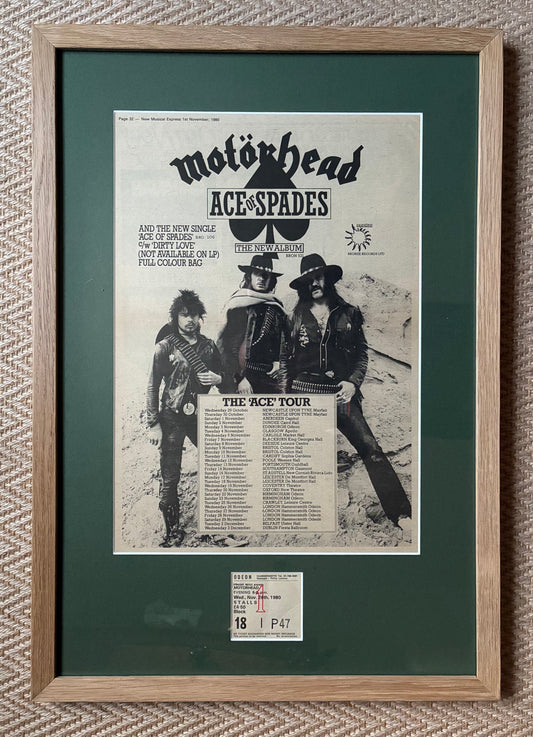 MOTORHEAD- 1980 “ Ace of Spades tour  “ concert advert and original ticket for the Hammersmith Odeon   London concert on 26/11/1980 . Framed