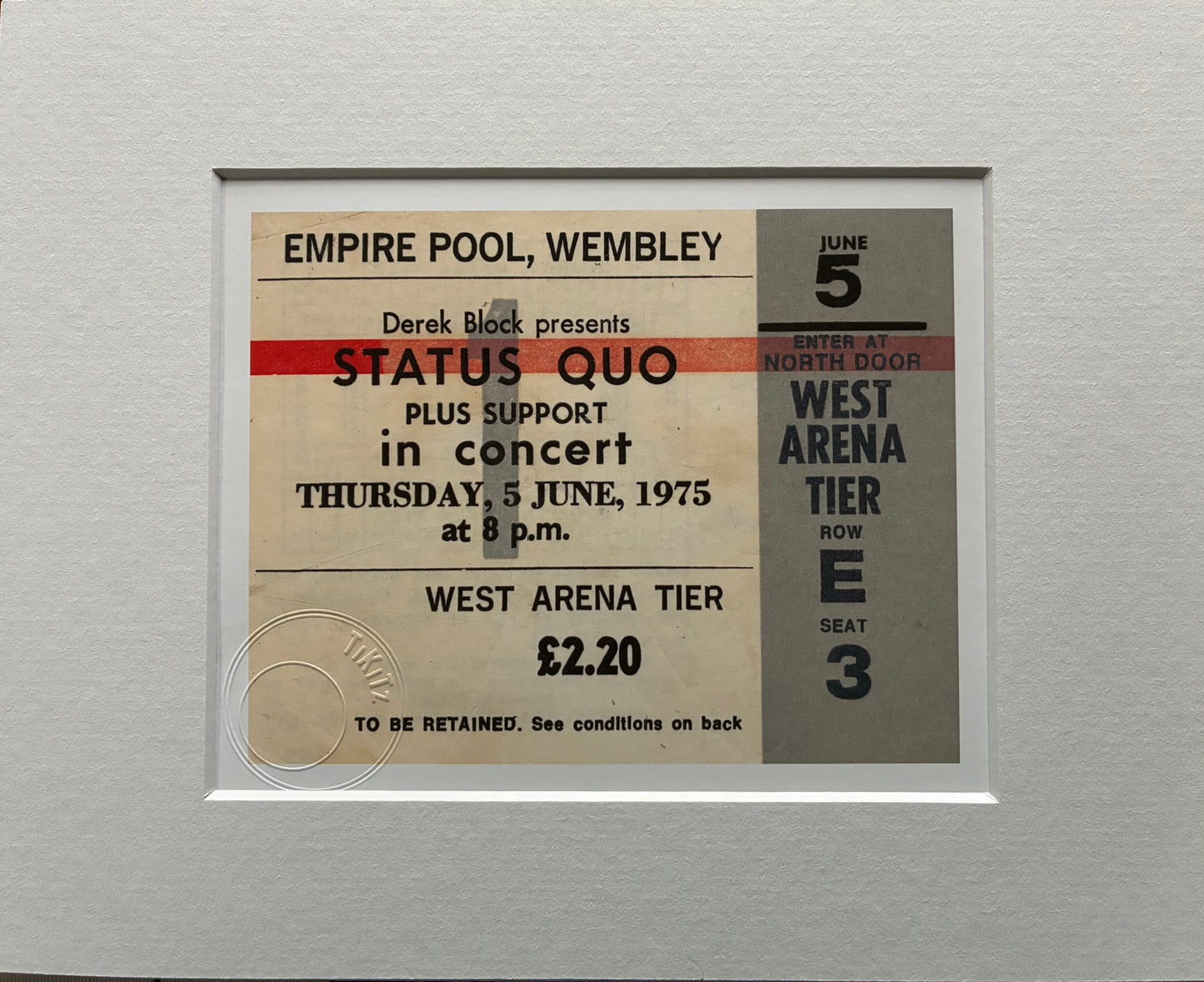STATUS QUO - 1975 Empire Pool, Wembley , London framed ticket giclee print