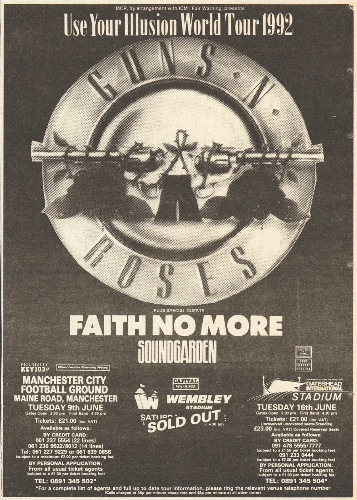 GUNS N ROSES- 1992 “ Use your Illusion “ concert advert and original ticket for the Gateshead concert on 16/6/1992. Framed