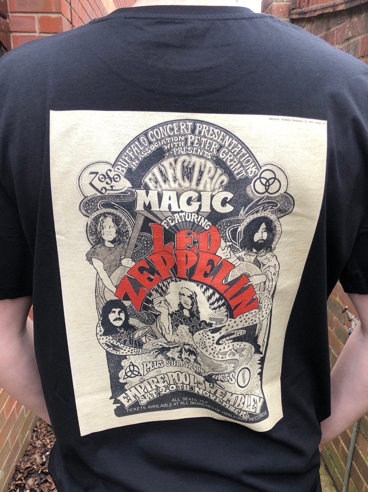LED ZEPPELIN  - 1971 “ Electric Magic Show “ T Shirt . Featuring the tour advert and corresponding ticket.