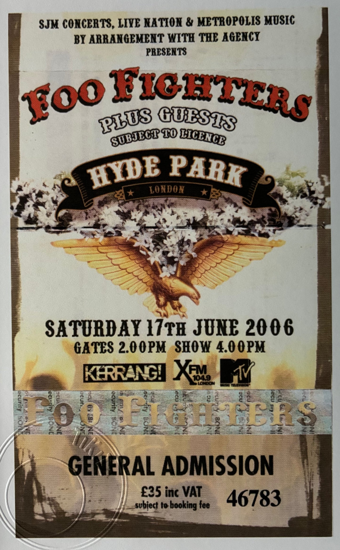 FOO FIGHTERS - 17/6/2006 Hyde Park , London framed ticket giclee print
