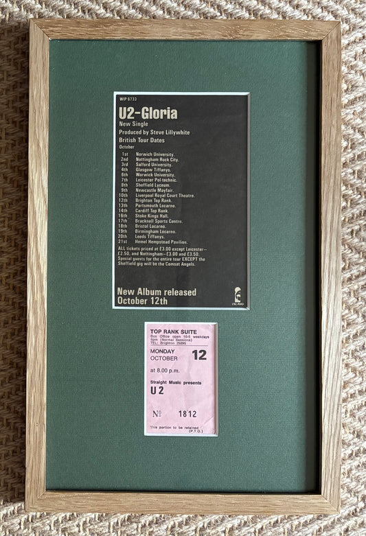 U2 - 1981“ October tour “ concert advert and original ticket for the Top Rank Suite, Brighton concert on 12/10/1981 . Framed
