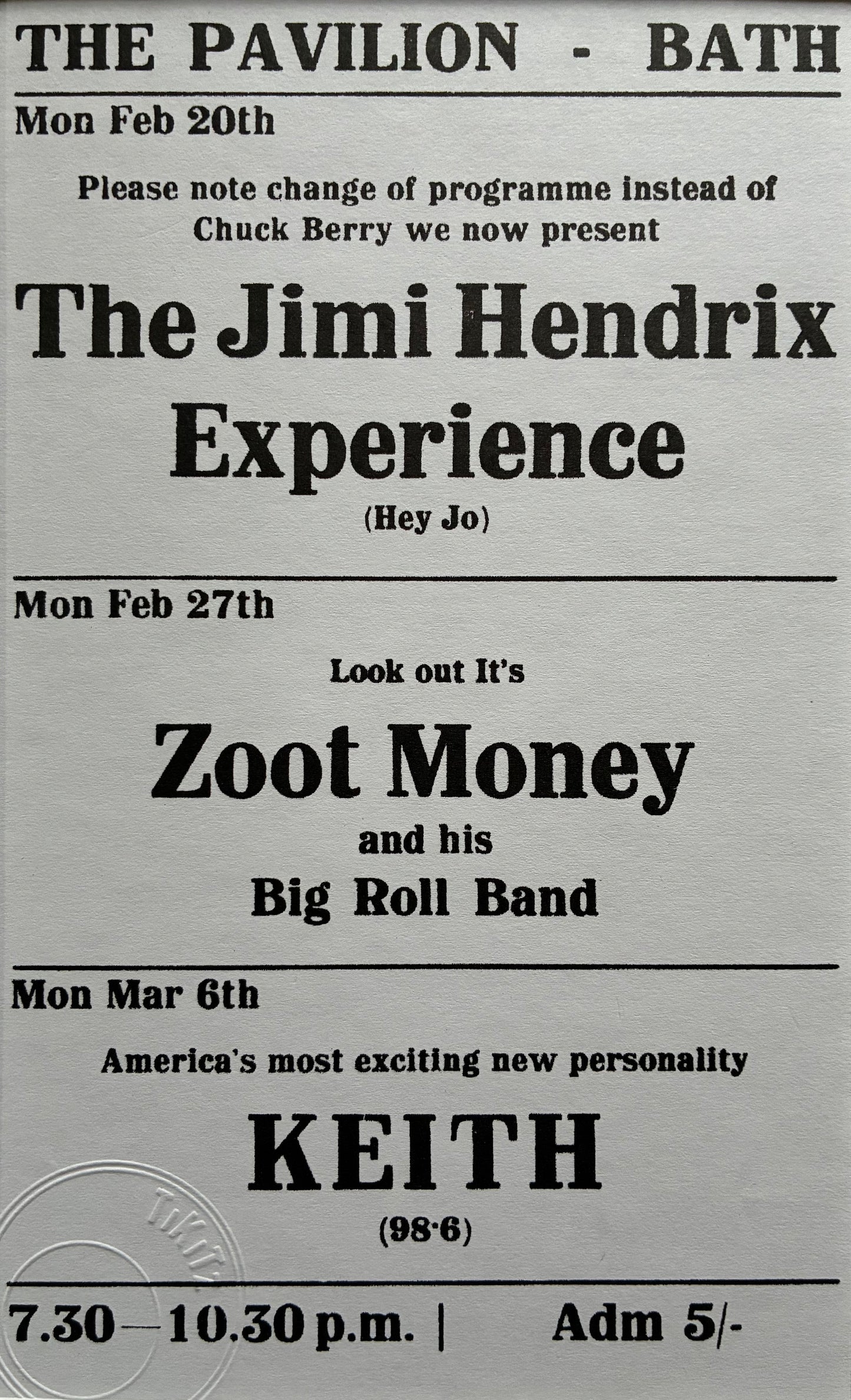THE JIMI HENDRIX EXPERIENCE- 20/2/1967- The Pavilion, Bath, hand flyer reprint