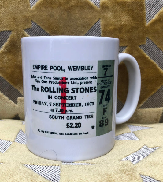 ROLLING  STONES - 11oz ceramic mug featuring the 1973 Empire Pool ,Wembley, London ticket on both sides