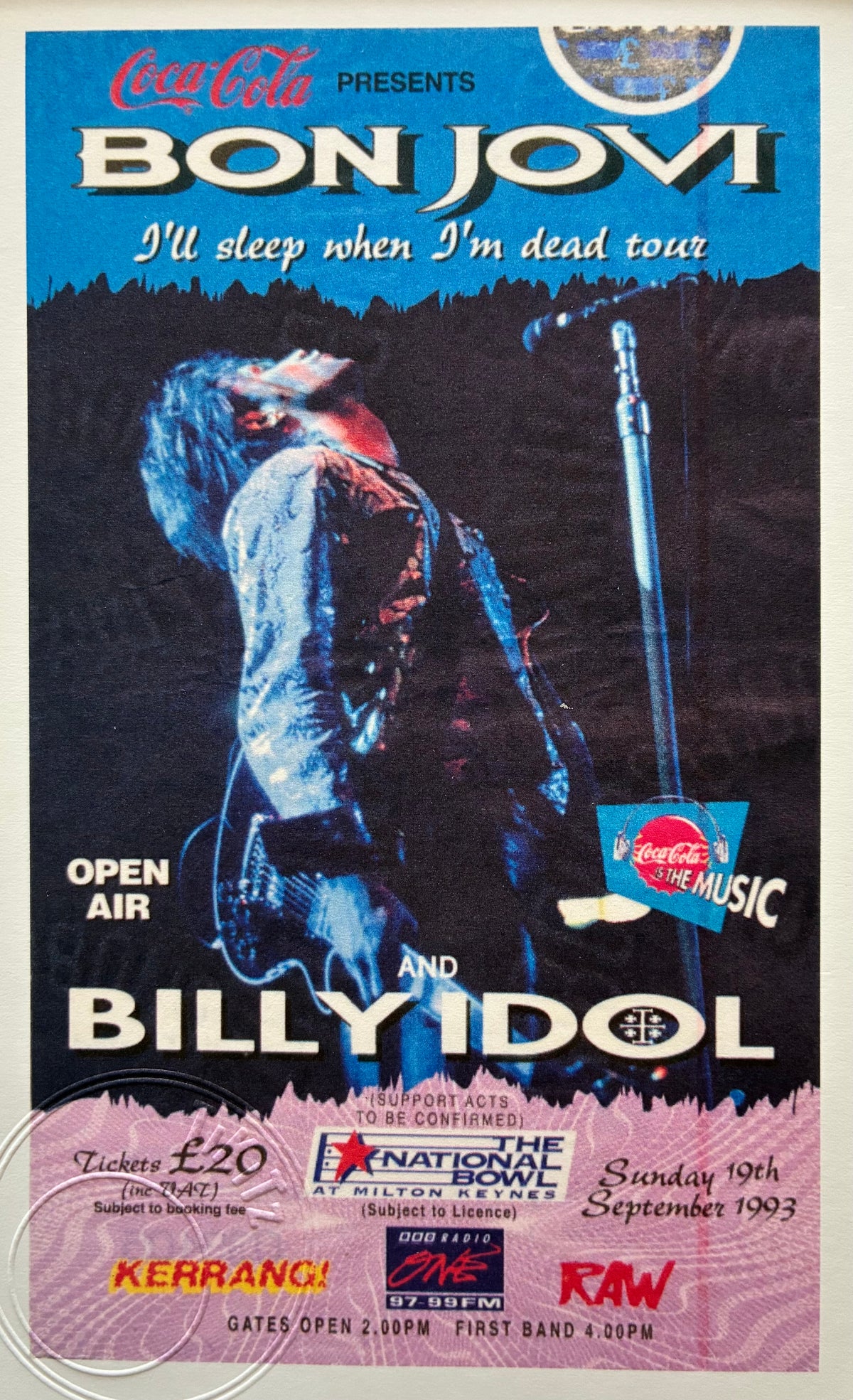 BON JOVI - 1993 National Bowl , Milton Keynes , London framed ticket giclee print