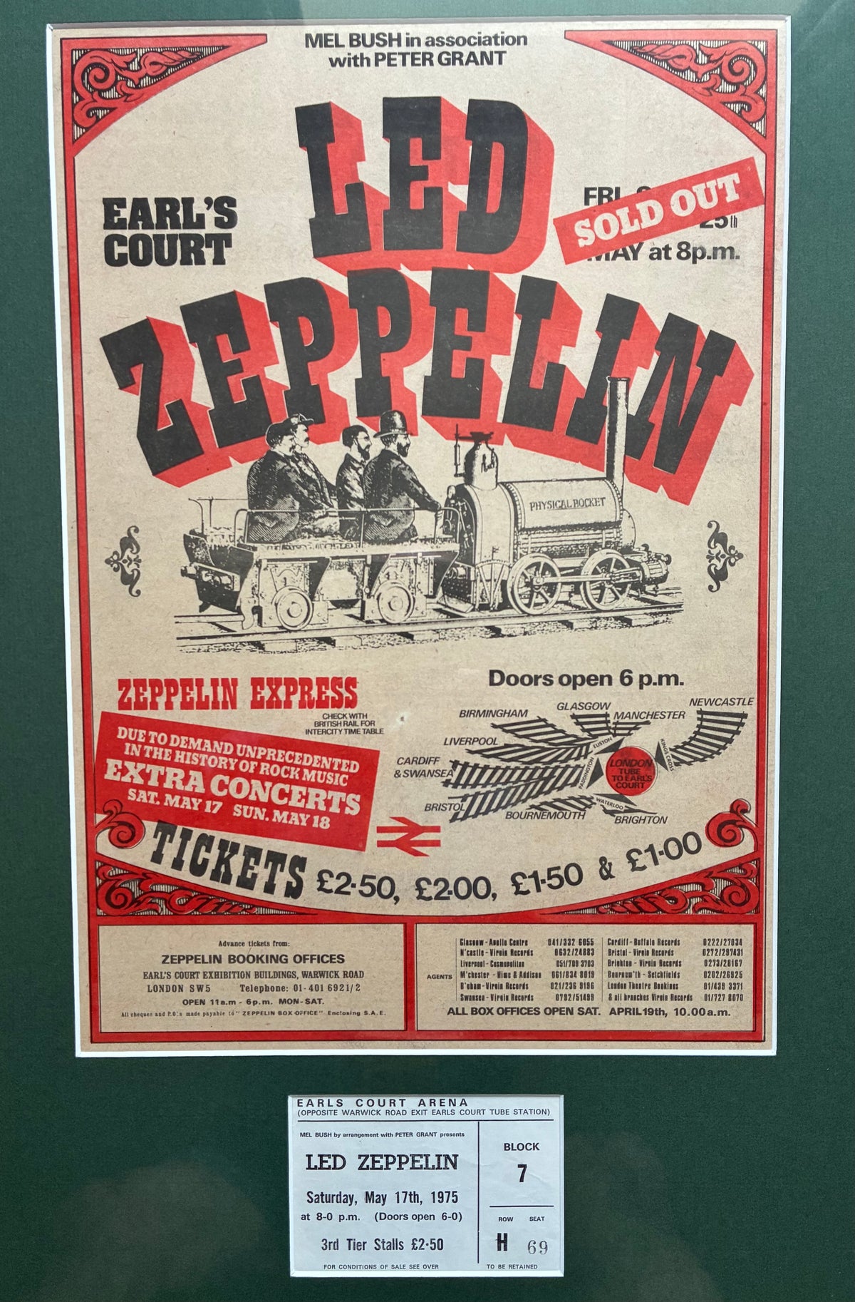 LED ZEPPELIN- 1975 “ Five Glorious Nights” concert advert and original ticket for the Earls Court, London concert on 17/5/1975 . Framed
