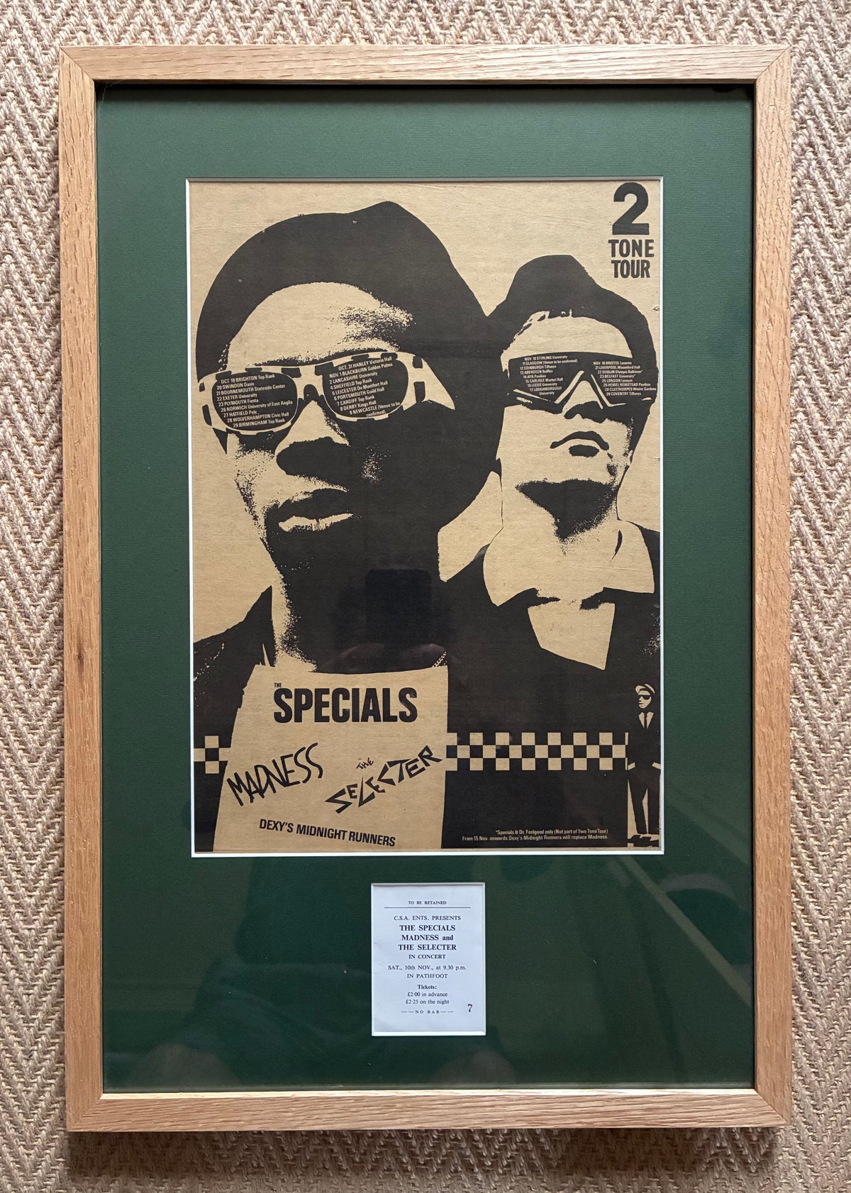 THE SPECIALS / MADNESS / THE SELECTOR 1979“ The Two Tone  tour ” concert advert and original ticket for the Stirling University concert on 10/11/1979 . Framed