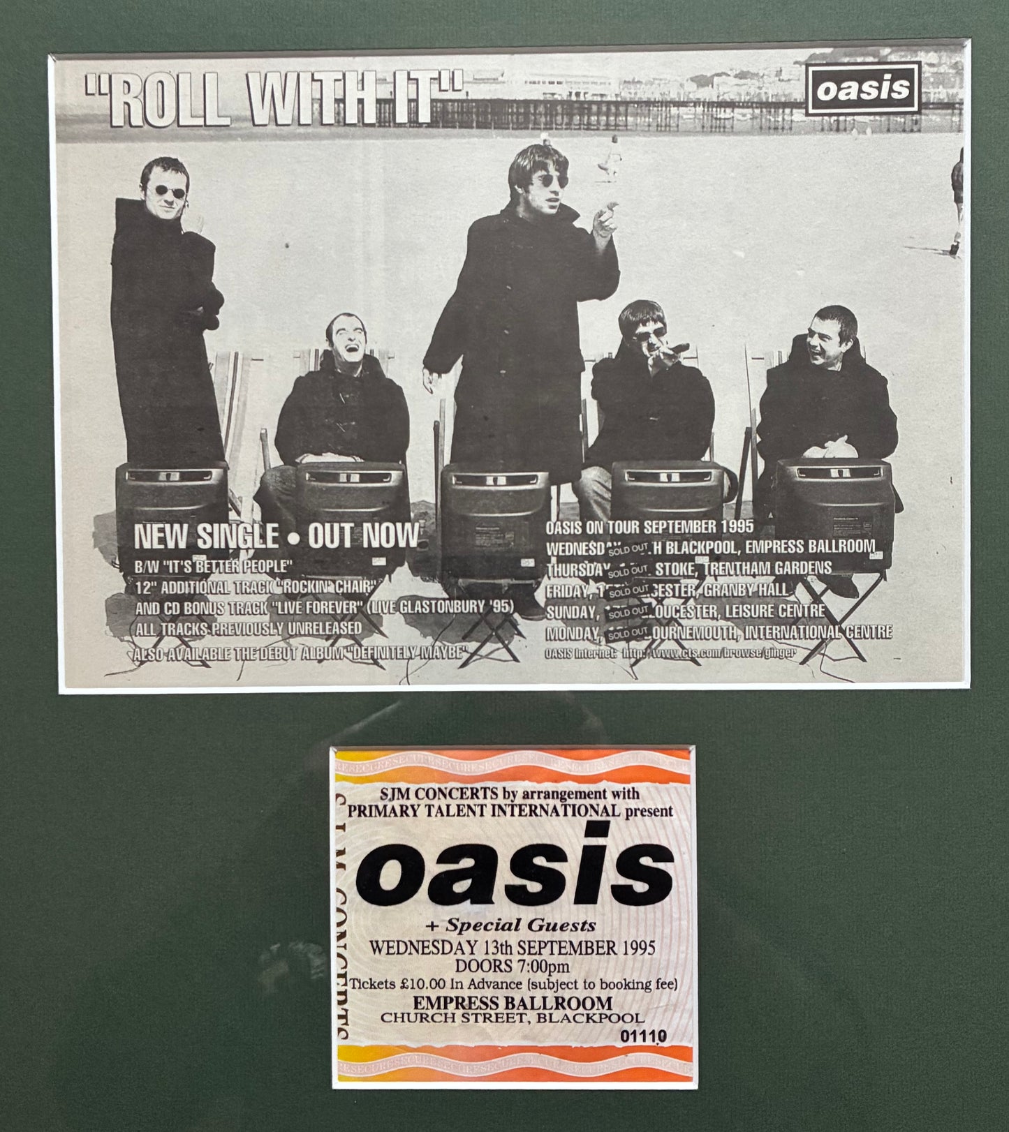 OASIS - 1995“ What’s the story Morning Glory tour “ concert advert and original ticket for the Empress Ballroom, Blackpool concert on 13/9/1995  . Framed