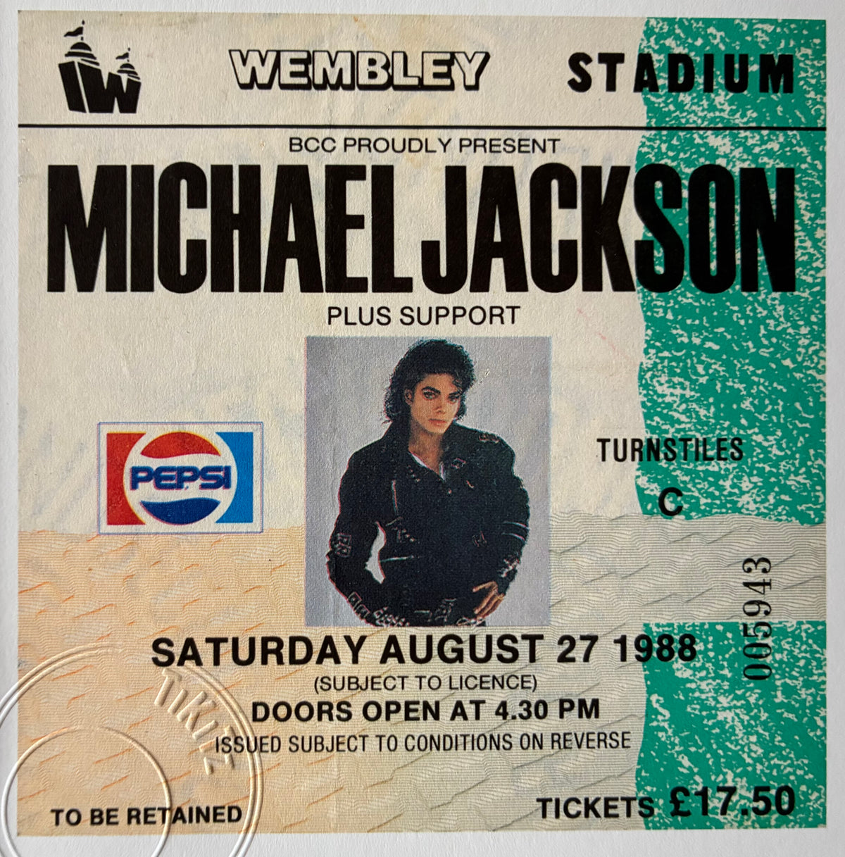 MICHAEL JACKSON- 1988“ The Bad tour “Wembley Stadium , London framed ticket giclee print