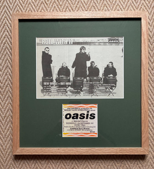 OASIS - 1995“ What’s the story Morning Glory tour “ concert advert and original ticket for the Empress Ballroom, Blackpool concert on 13/9/1995  . Framed