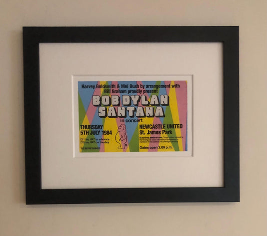 BOB DYLAN / SANTANA - 1984 St. James Park, Newcastle framed ticket giclee print