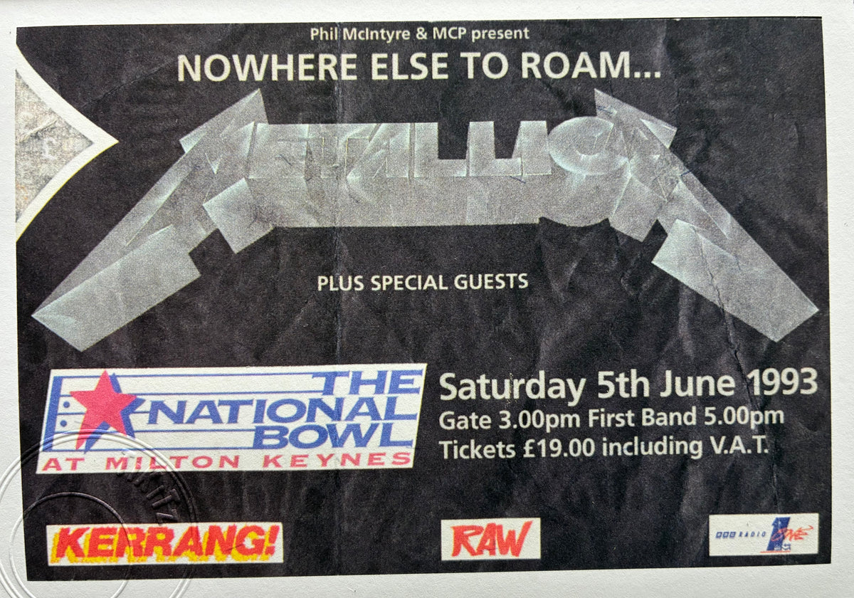 METALLICA - 1993 National Bowl, Milton Keynes framed ticket giclee print