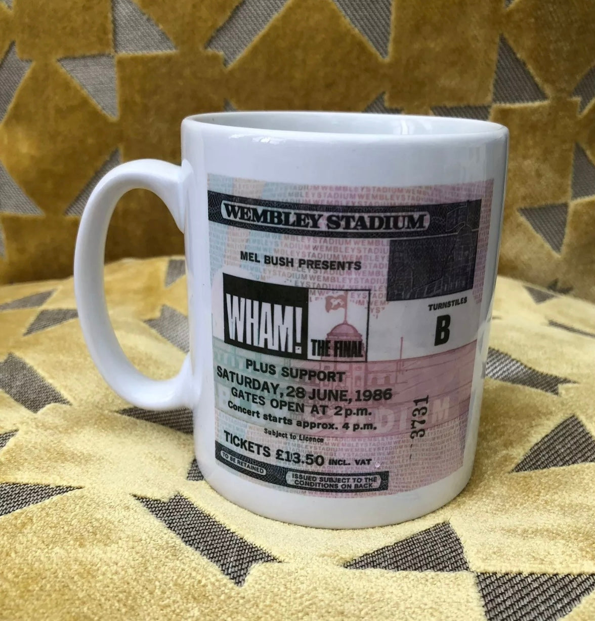 WHAM - 11oz ceramic mug featuring the 1986 Wembley Stadium, London ticket on both sides